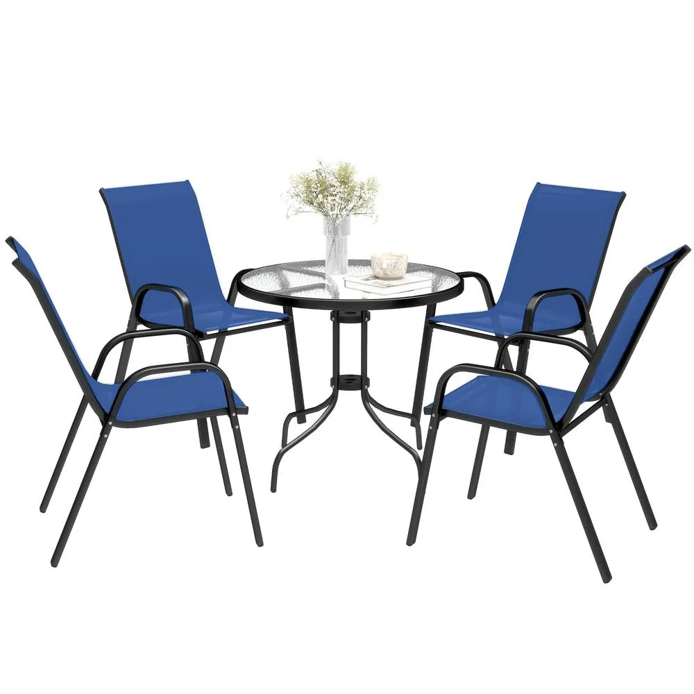 OUTSUNNY 5 PCs Garden Furniture Set, Round Table & Stackable Chairs, Blue in Dark Blue 2