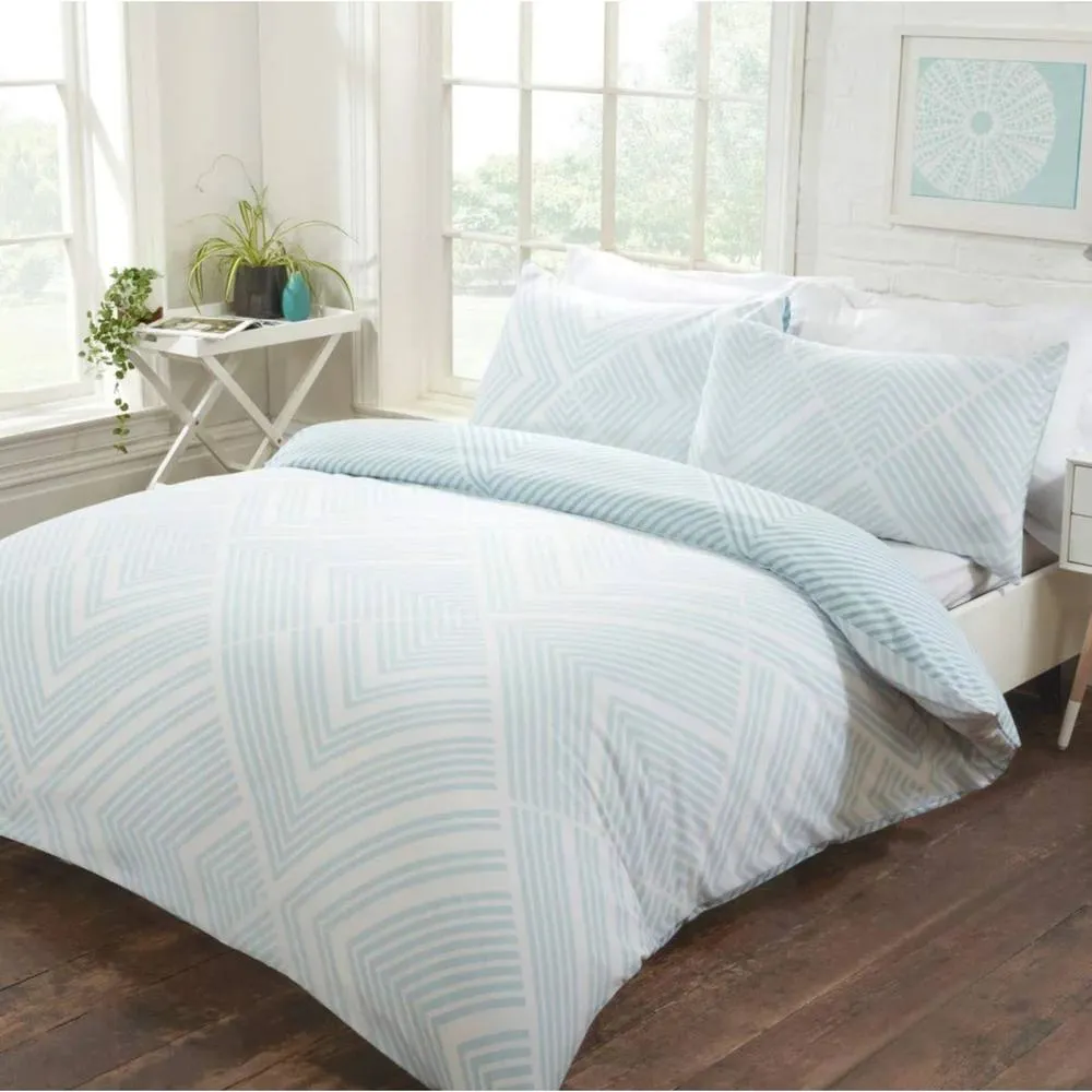 Smart Living Luxury Striped Geometric Reversible Duvet Cover With Pillowcases in Duck Egg Blue