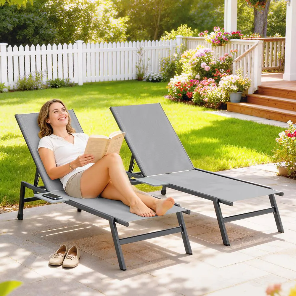 OUTSUNNY Sun Loungers for Garden Set of 2 with Side Tray Table in Grey