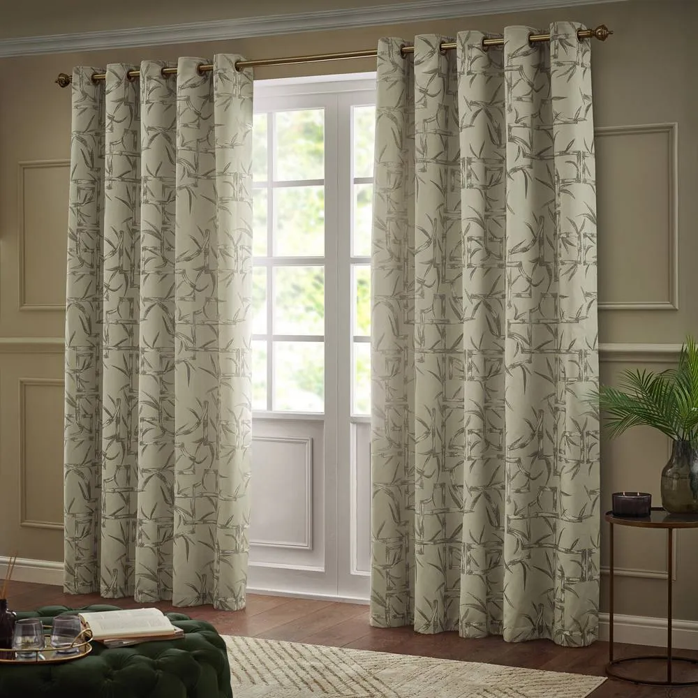 Paoletti Bamboo Fully Lined Jacquard Eyelet Curtain Pair in Beige 2