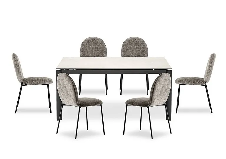 Rosa 160cm Medium Extending Dining Table with Salt White Ceramic Top and Black Metal Legs and 6 Riley Chairs