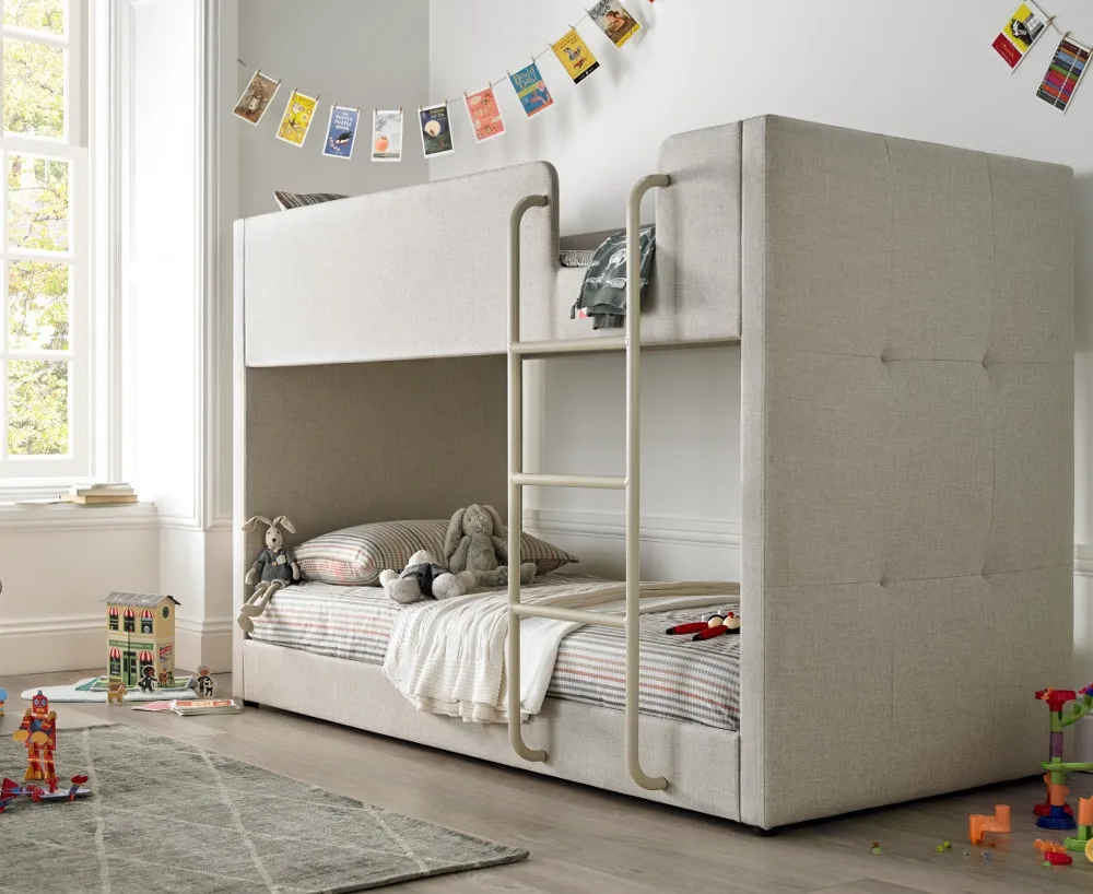 Saturn - Single - Kids Bunk Bed - Neutral Oatmeal - Fabric - 3ft - Happy Beds