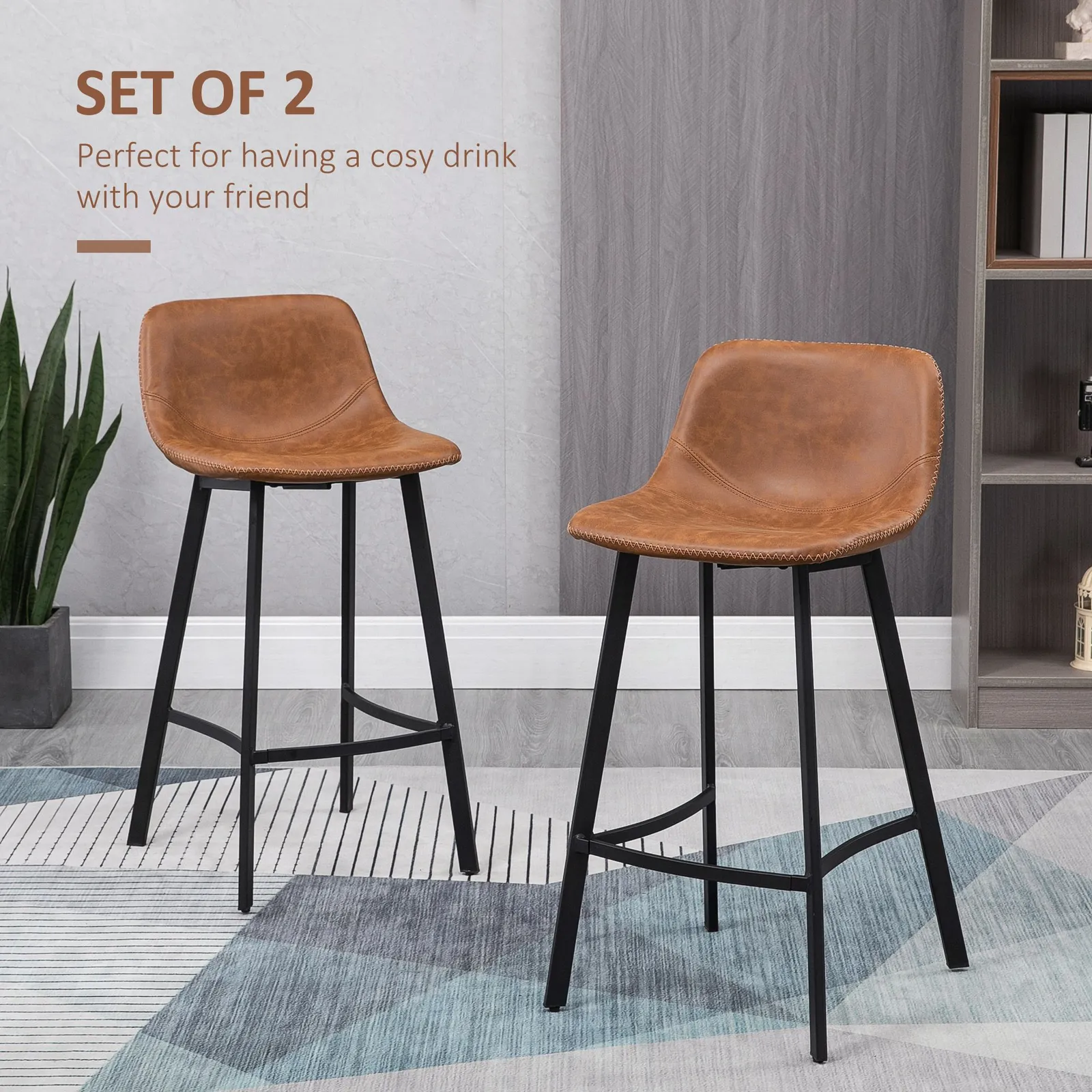 HOMCOM Industrial Bar Stools Set of 2, Upholstered Kitchen Stool in Brown 4