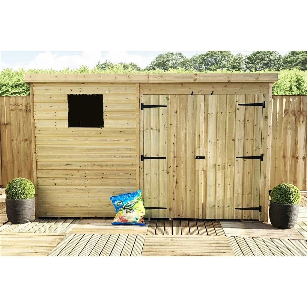 Marlborough 10 x 8 Pressure Treated Pent Garden Shed with Double Doors in Natural