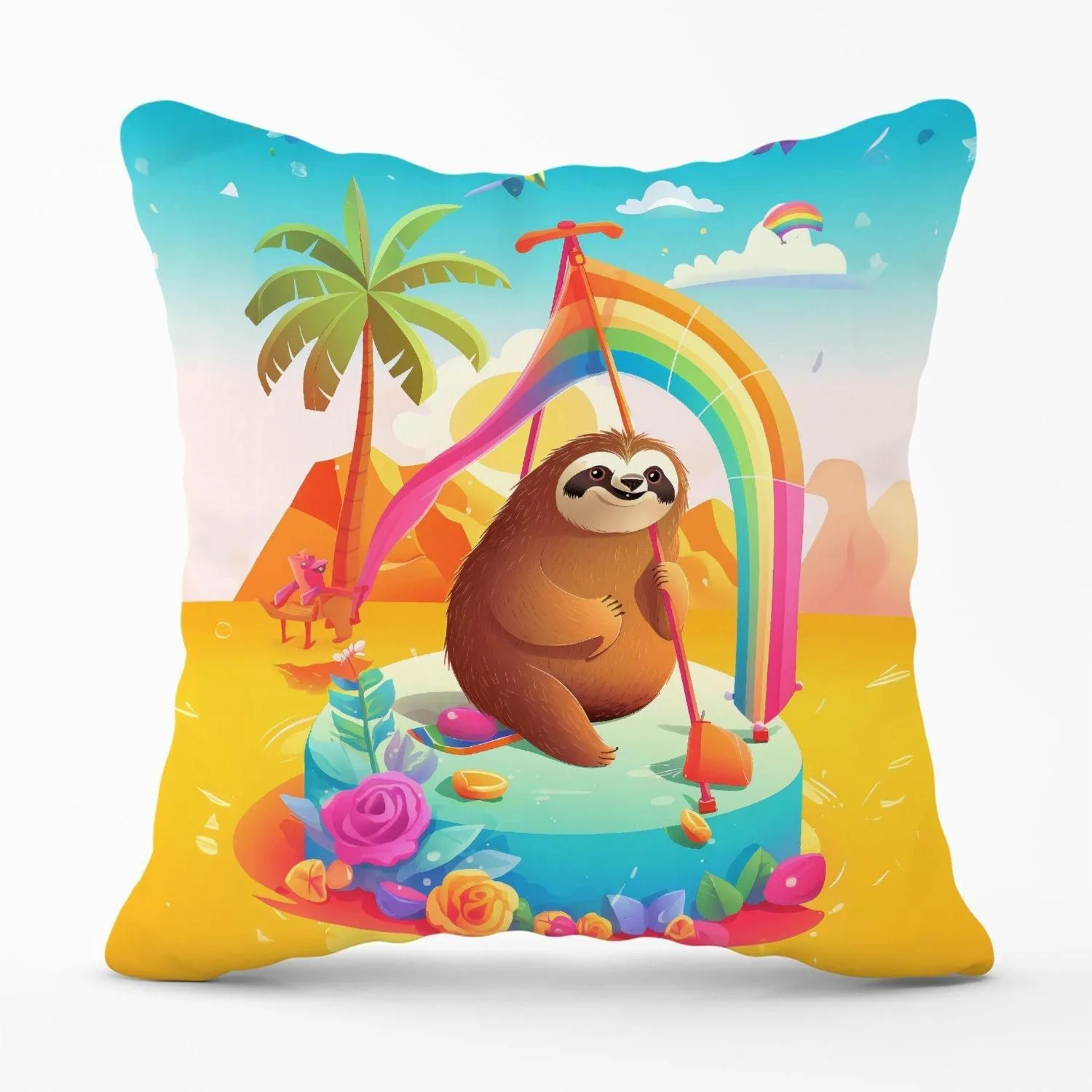Warren Reed - Designer Sloth On A Beach Holiday Outdoor Cushion in Yellow