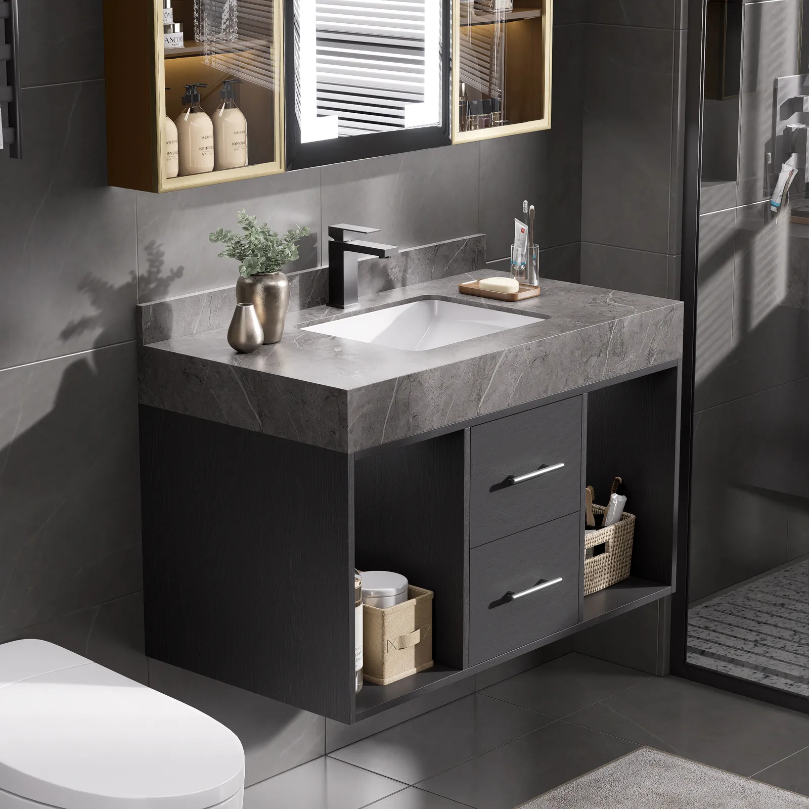 900mm Floating Bathroom Vanity with Sintered Stone Vessel Sink with 2 Drawers