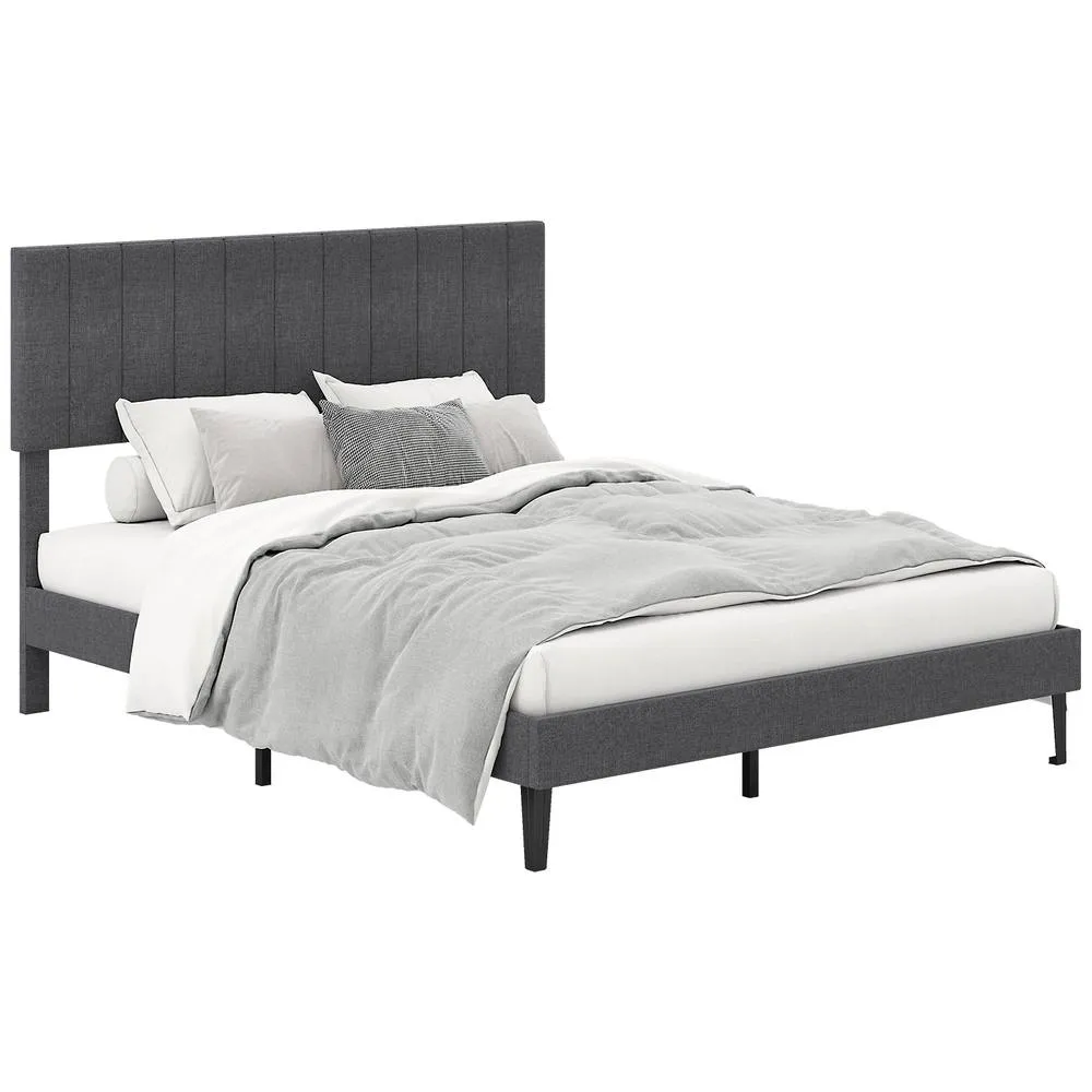 Costway King Size Linen Fabric Bed Frame Upholstered Platform Bed w/Headboard in Grey 3