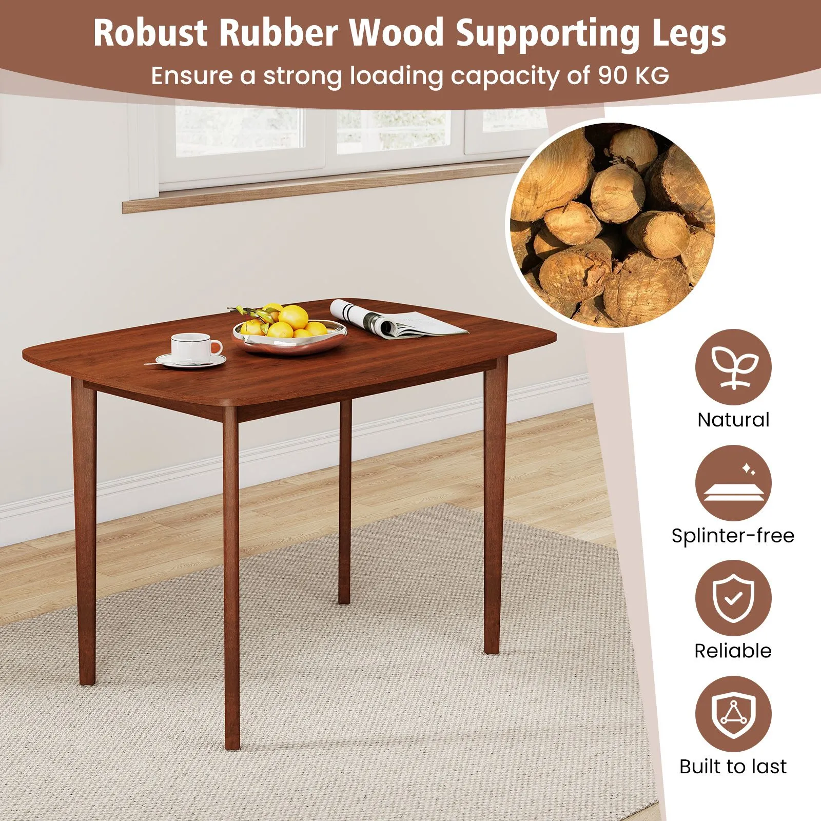 Costway Rectangular Kitchen Table 110cm Wooden Dining Table for 2-4 People in Walnut 6