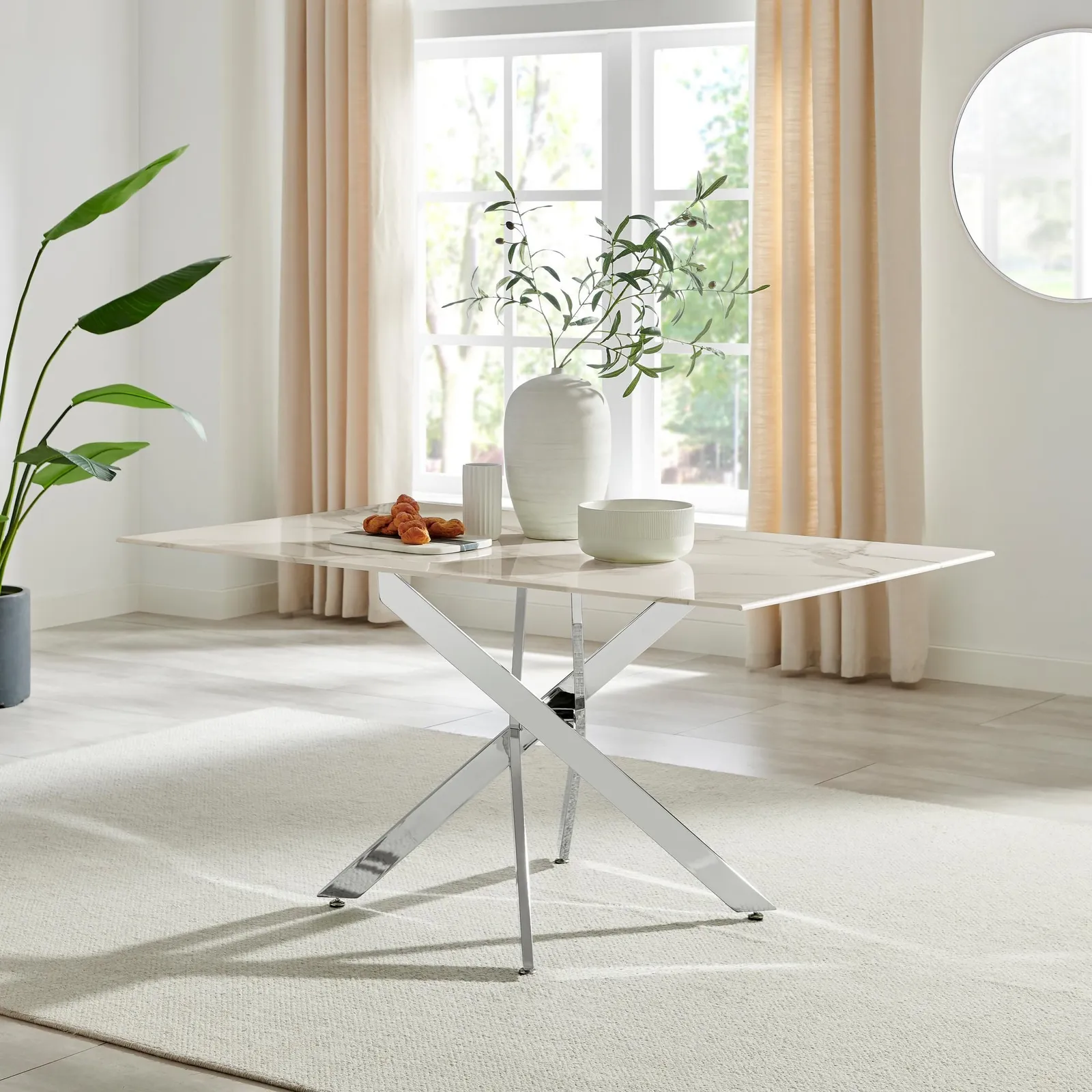 FurnitureboxUK Leonardo 6-Seater Dining Table With Marble Effect Glass Top & Silver Metal Legs in White 2