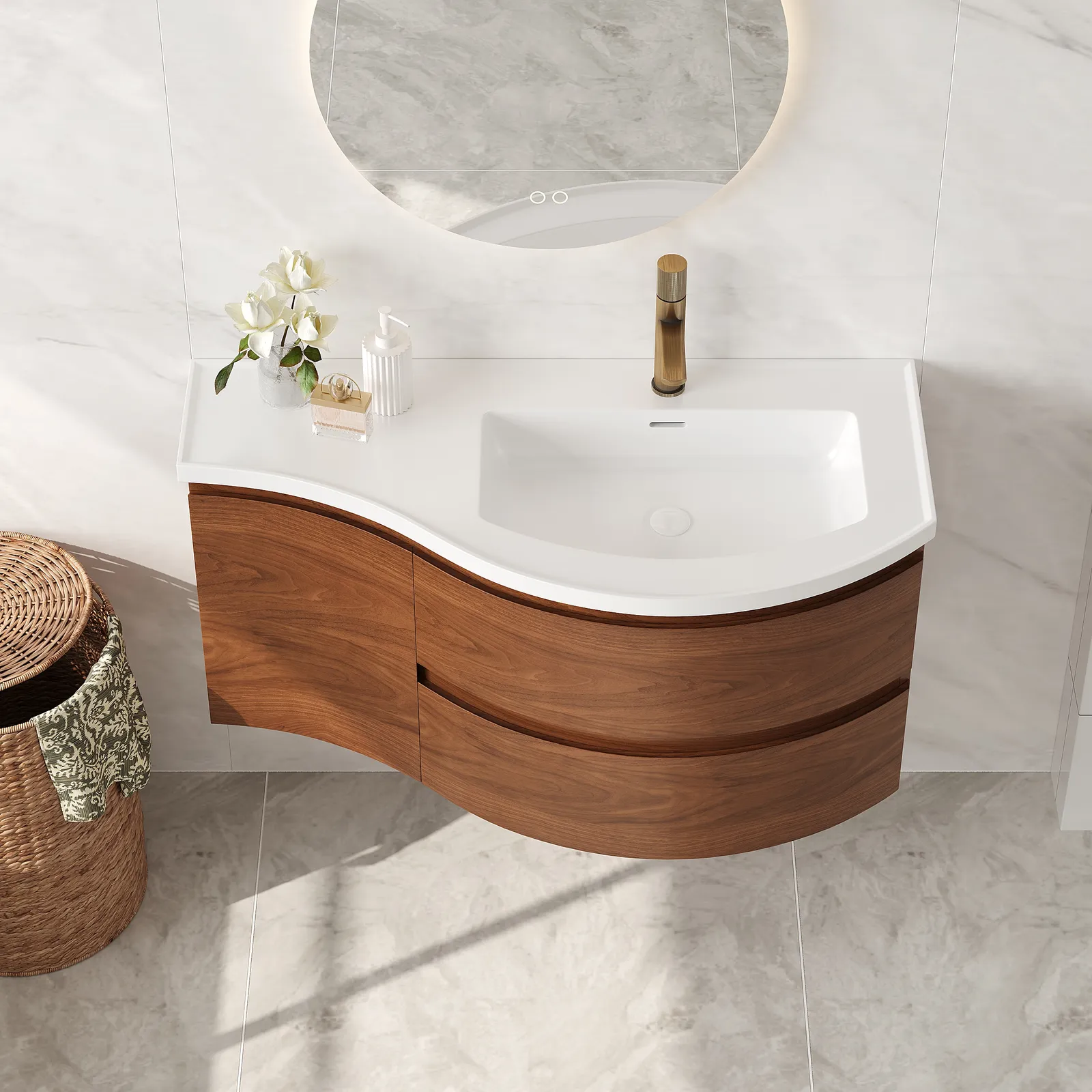 35" Floating Single Curved Bathroom Vanity with Sink & Storage, Set of 2