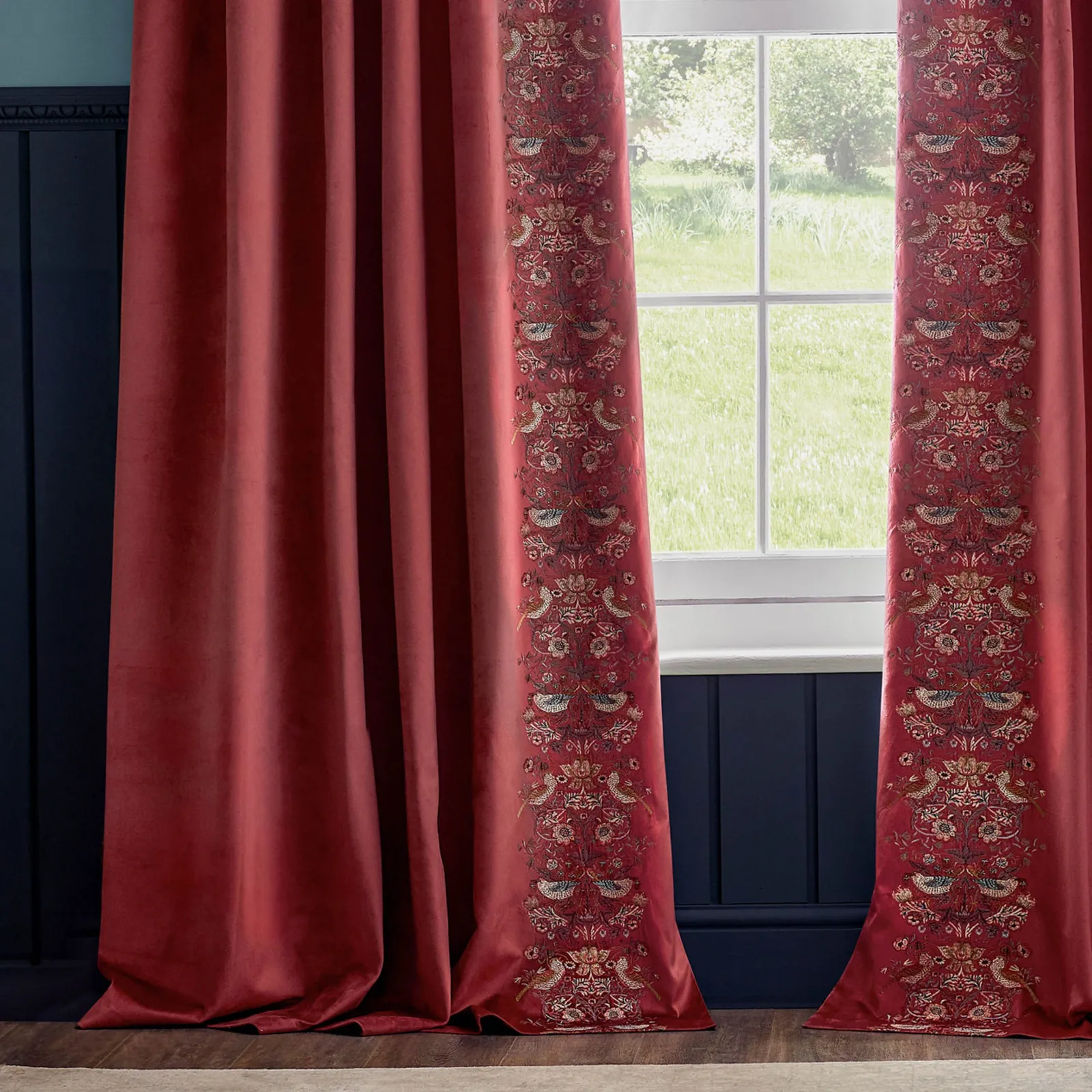 Morris & Co Strawberry Thief Embroidered Velvet Room Darkening Pencil Pleat Curtain Pair in Red 5