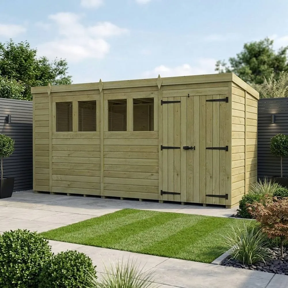 Buttercup Farm 15ft x 9ft Pent Garden Shed Double Door With Windows - Timber in Brown 2