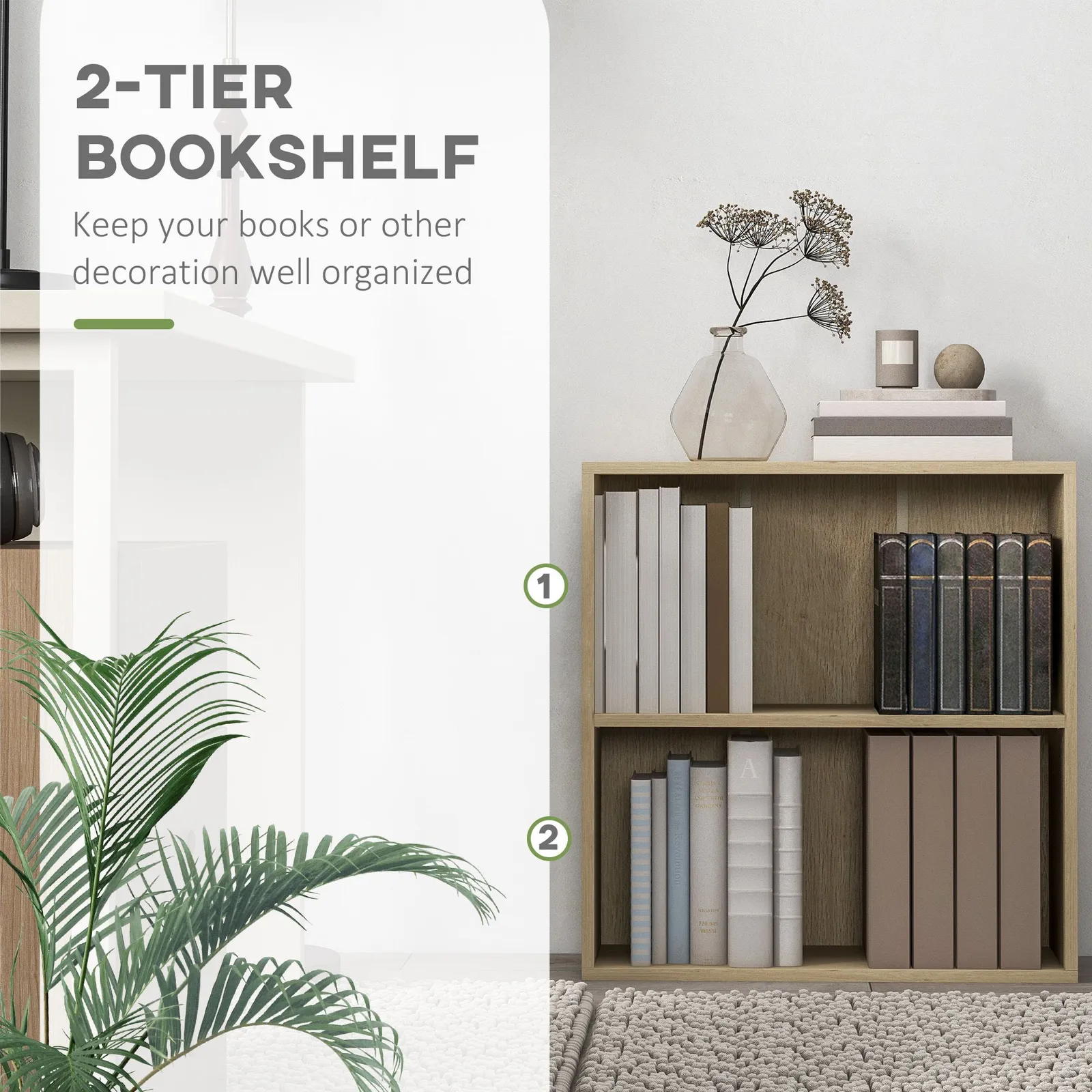 HOMCOM Bookshelf Display Storage Shelf with 2 Compartments for Study in Natural 5