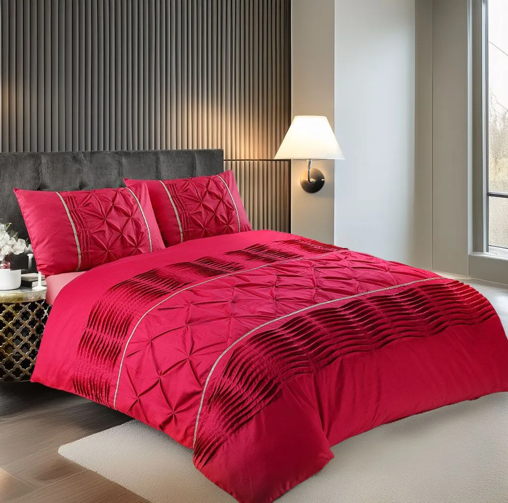 Snug City Duvet Cover & Pillowcase Set Modern Pintuck Border Pleated Bed Linen in Red