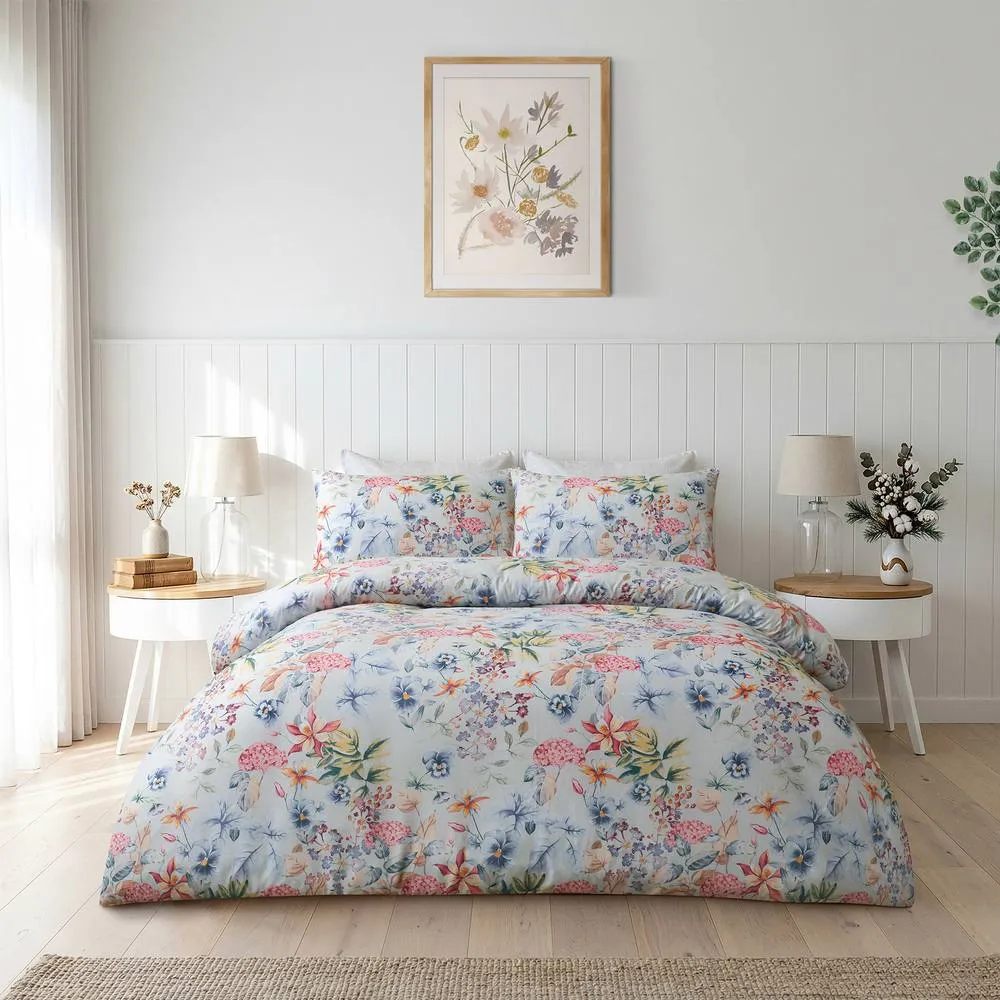 Portfolio Home Grace Floral Duvet Cover Set With Pillow Case Bedding in Duck Egg Blue