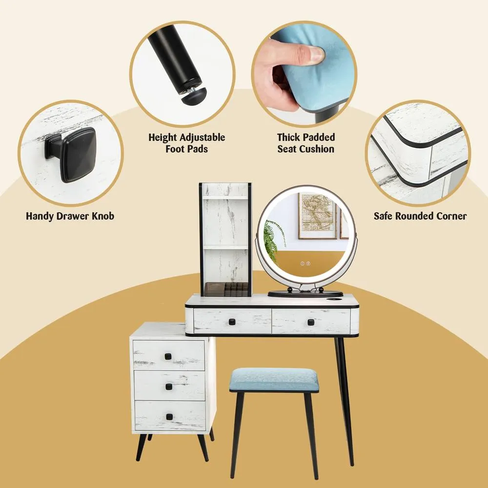 Costway Dressing Table Vanity Set Stool Light 3-Drawer Chest Storage-White in White 5