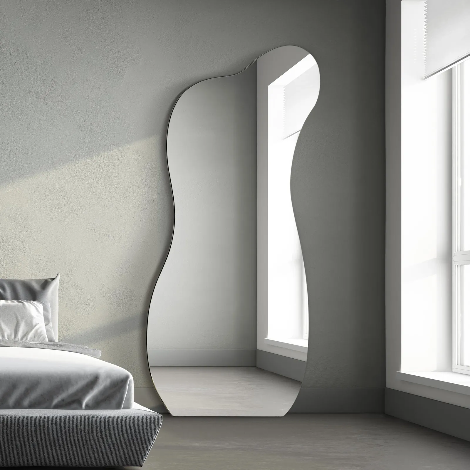 MirrorOutlet The Lacuna - Frameless Pond Leaner / Wall Mirror 67" X 32" (170CM X 80CM) in Silver 2