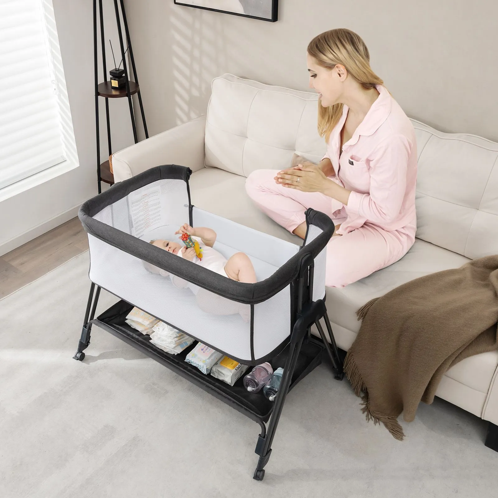Costway Baby Bedside Crib Folding Sleeper Bassinet Cot Bed Portable 7 Adjustable Heights in Grey 5