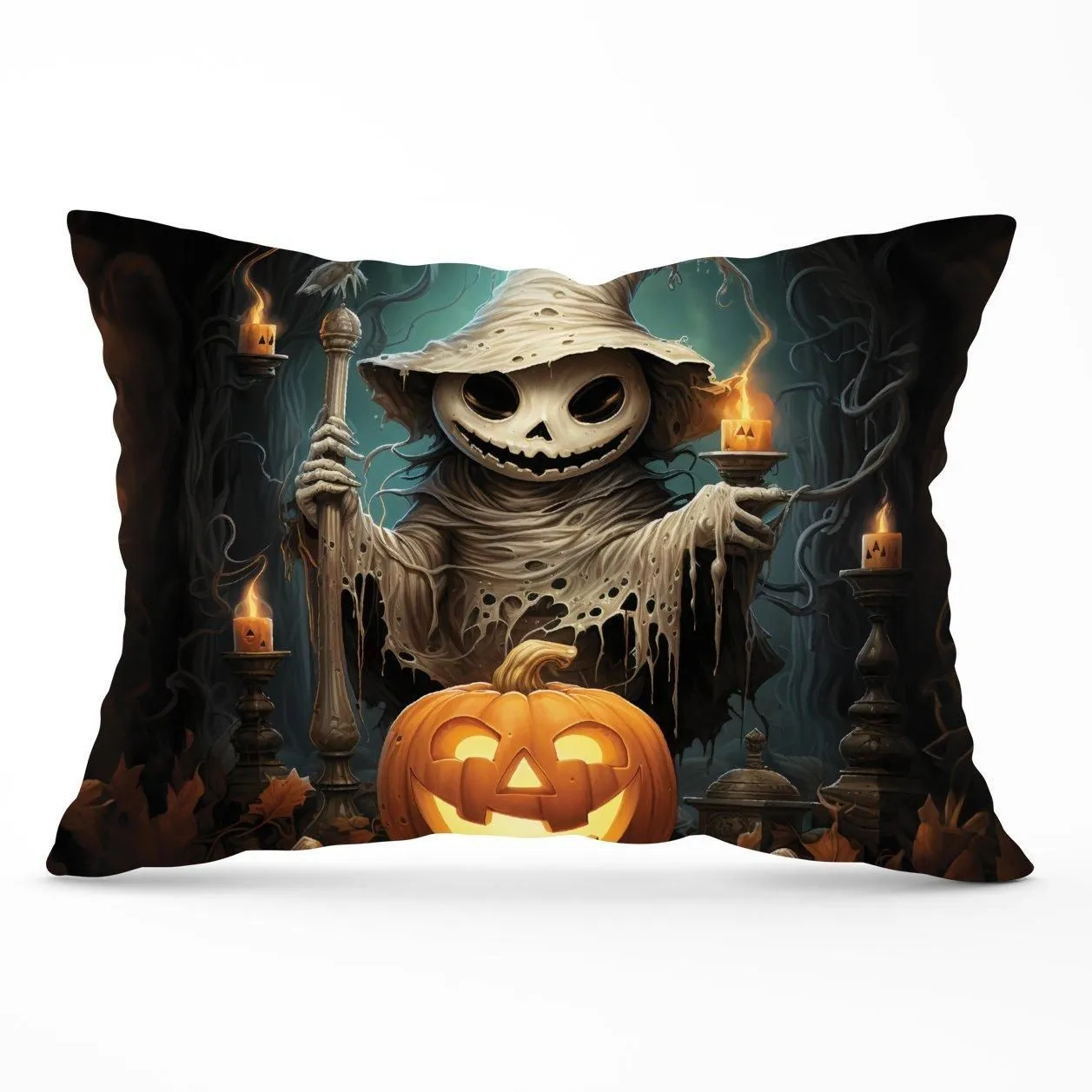 Warren Reed - Designer Creepy Ghost With Pumpkins Cushions in Orange