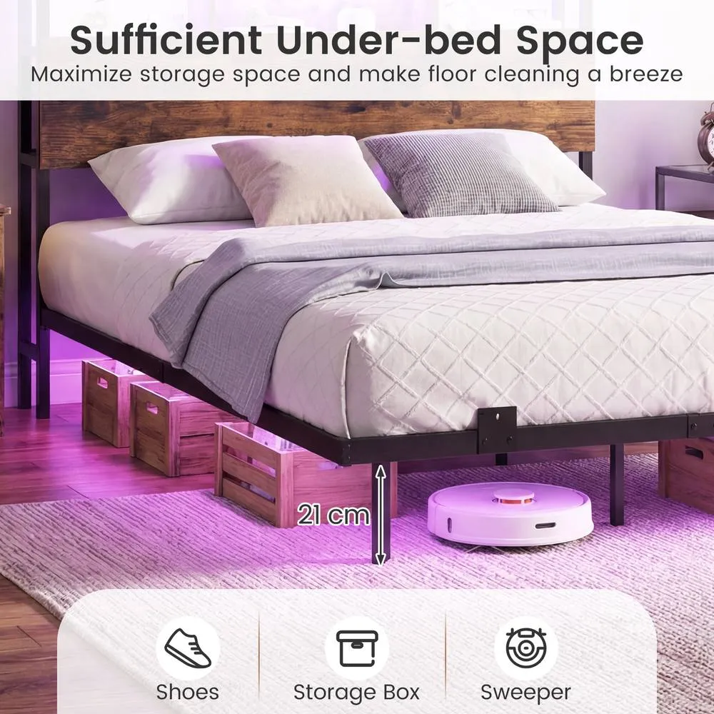 Costway King Size Floating Platform Bed Frame w/ LED Lights & Charging Station in Brown 6