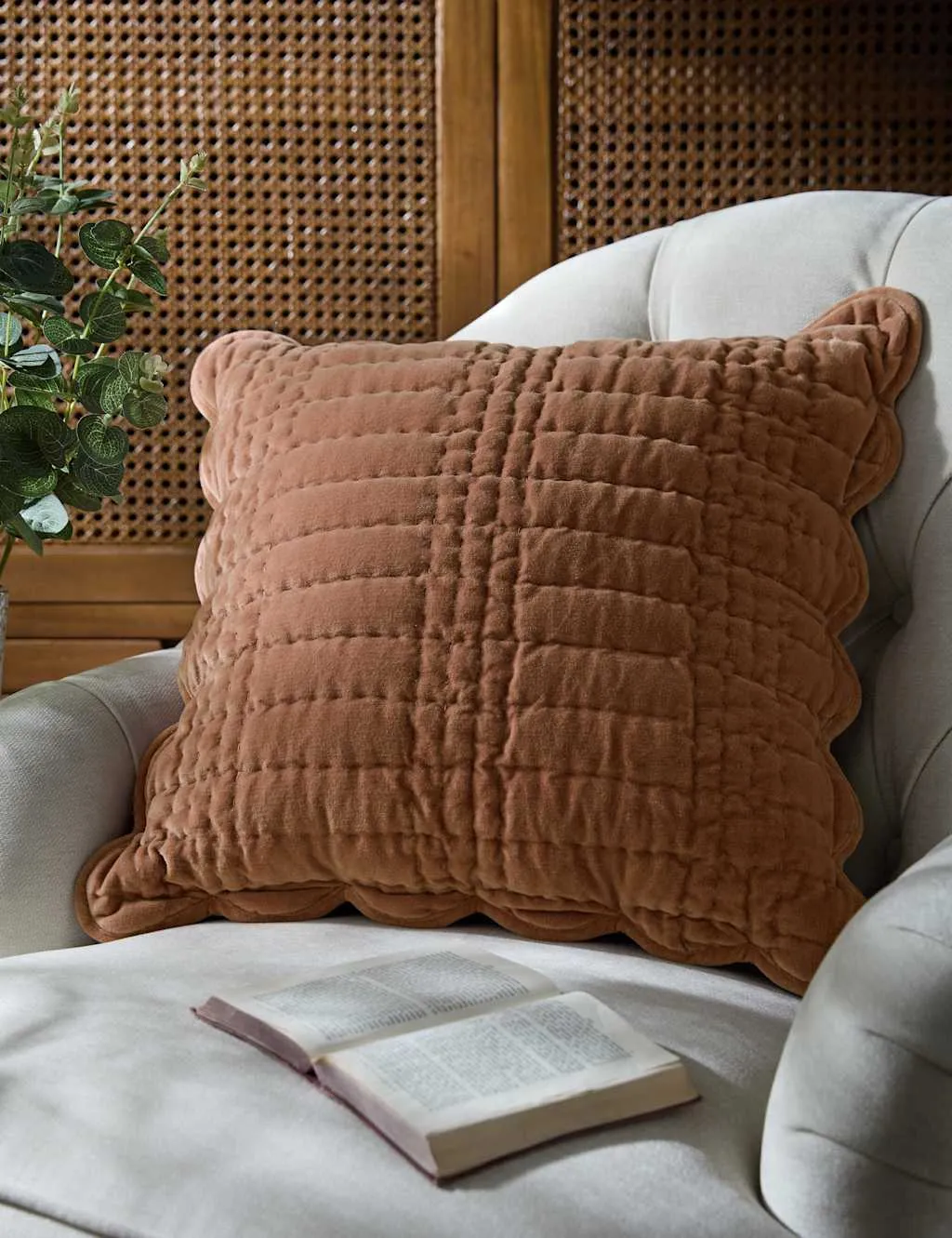 Laura Ashley Velvet Scalloped Cushion Brown