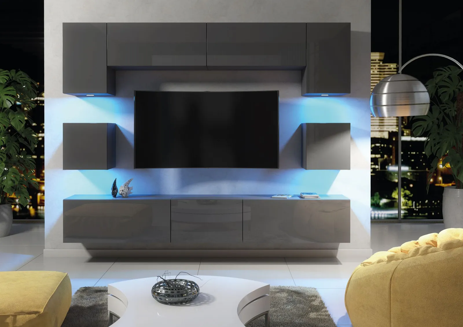 Creative Furniture Panorama Wall TV Unit - A Sleek & Modern Wall Cabinet with Gloss Doors & LED Lights in Dark Grey 4