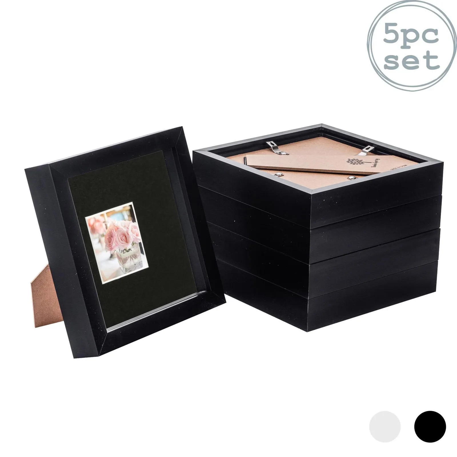 Nicola Spring 3D Box Photo Frames - 6 x 6" with 2 x 2" Mount - Ivory Mount - Pack of 5 in Black