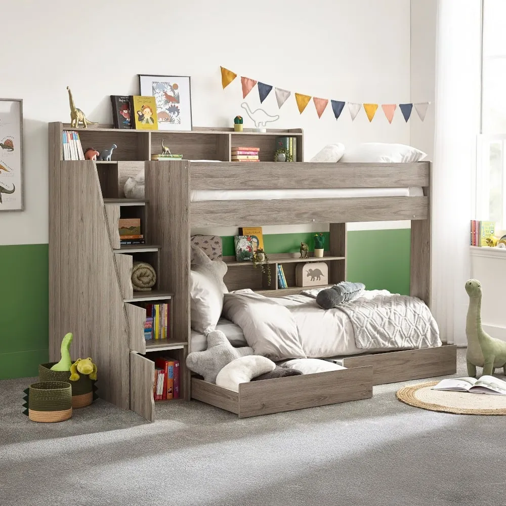 Tuscan - Single - Staircase Bunk Bed - Grey Oak - Wooden - 3ft - Happy Beds 1