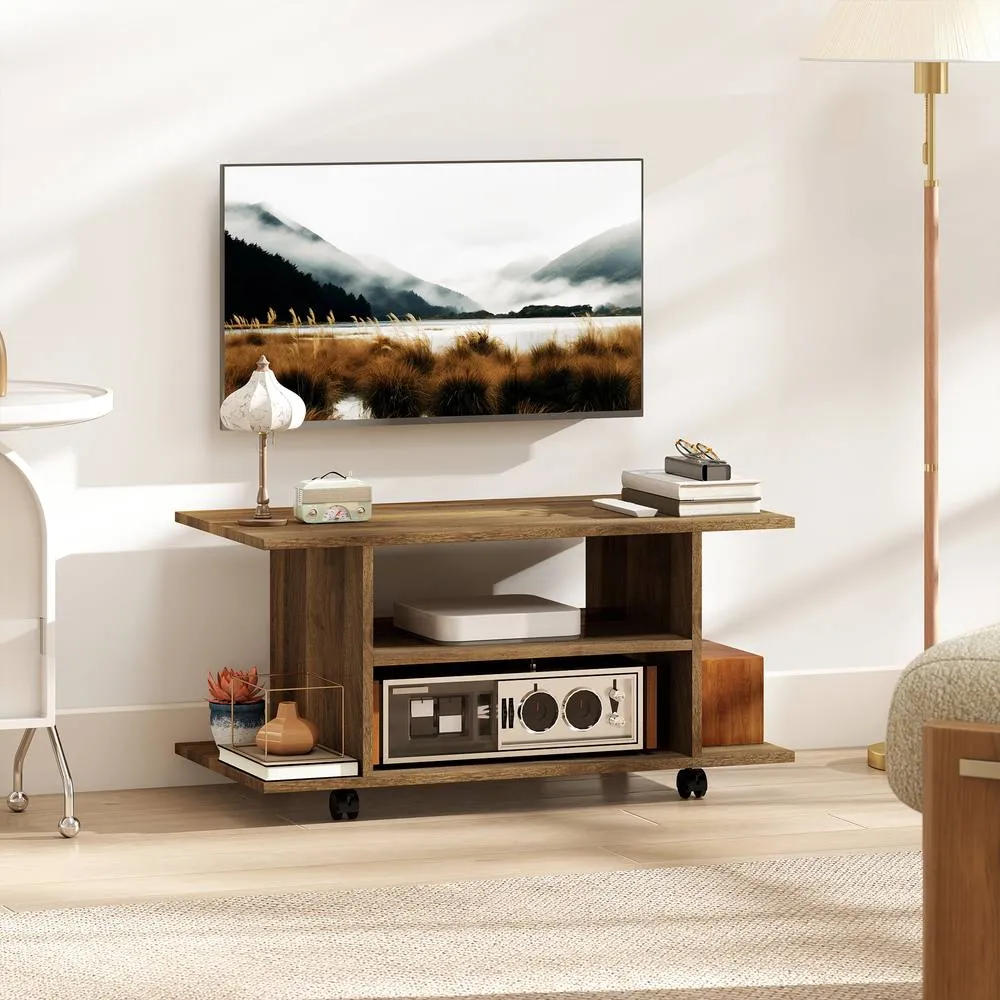 HOMCOM Modern TV Cabinet Stand Storage Shelves Table Mobile Walnut