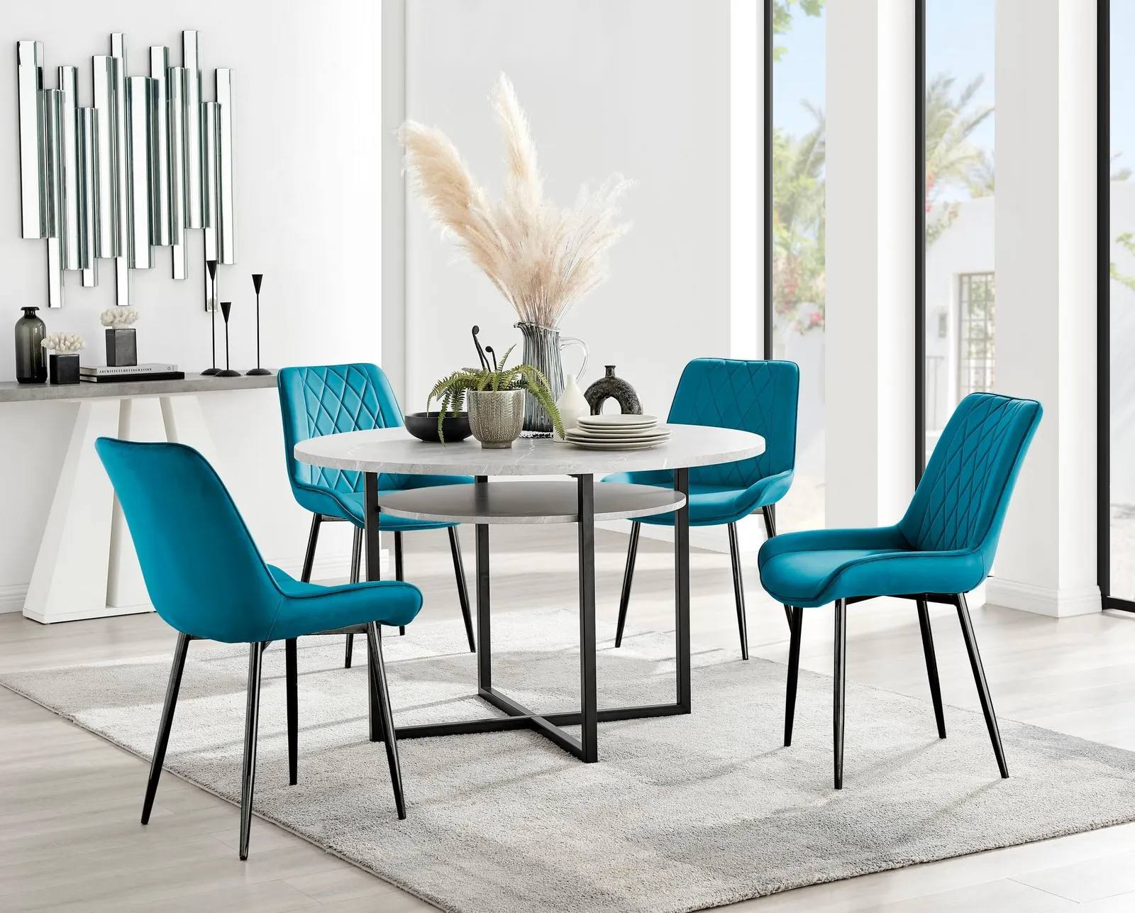 FurnitureboxUK Adley Grey Concrete Effect & Black Round Dining Table with Shelf & 4 Velvet Pesaro Dining Chairs in Blue 1