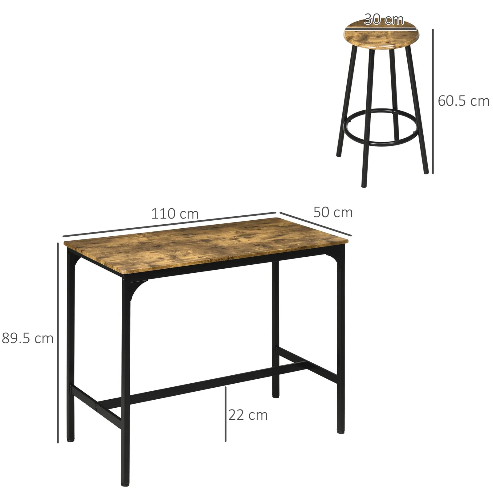 HOMCOM 5 Piece Bar Table & Stools Set with Metal Frame in Brown 3
