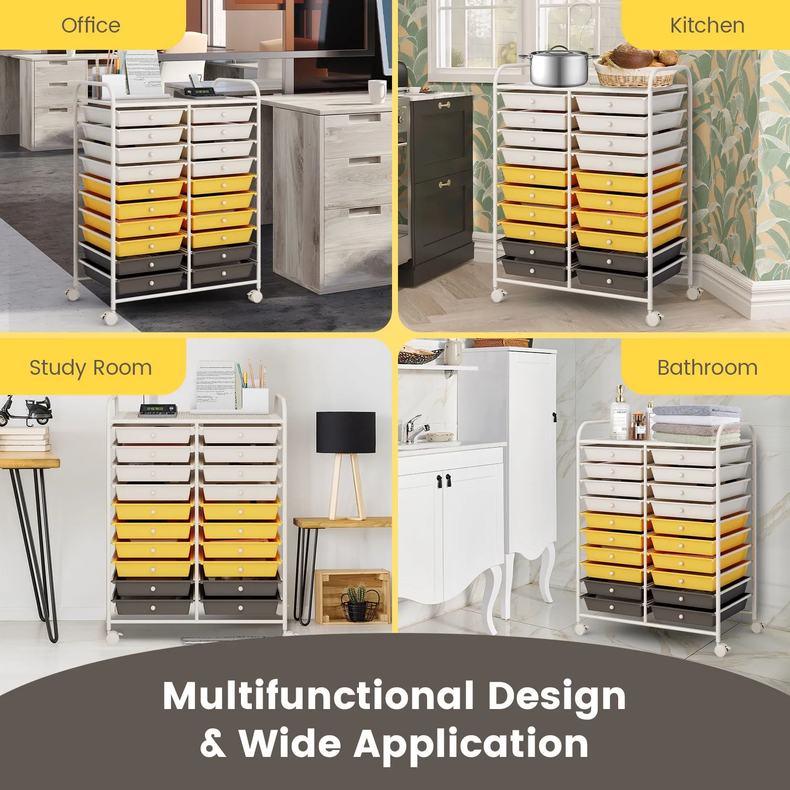 Costway 20 Drawers Storage Rolling Cart Home Office Mobile Utility Trolley Organizer in Yellow 6