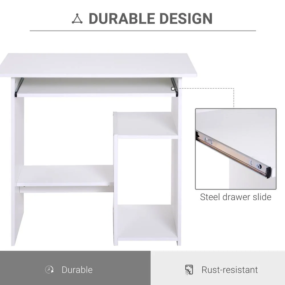 HOMCOM Compact Small Computer Table Wooden Desk Keyboard Tray Storage White 4