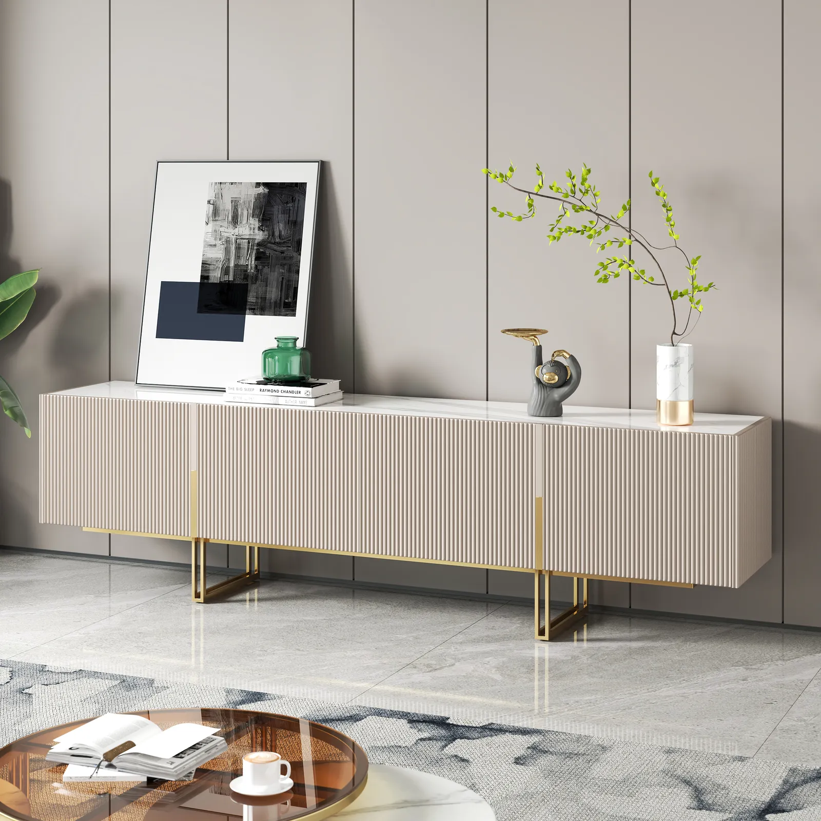 Grovyn  220 cm Sintered Stone Top Fluted TV Stand with Spacious Cabinets