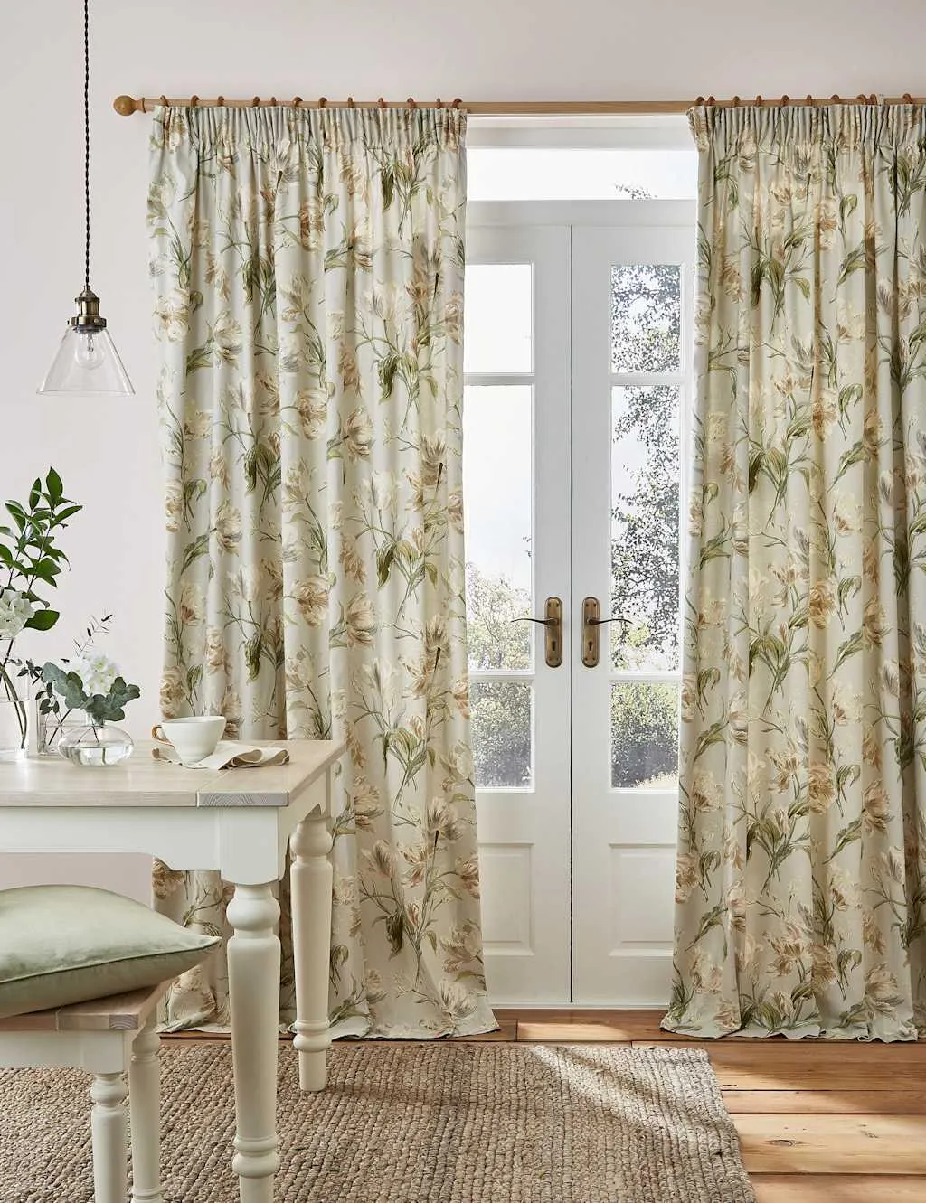 Laura Ashley Gosford Pure Cotton Pencil Pleat Curtains Green Mix