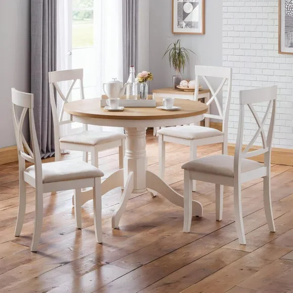 Davenport 4 Seater Round Pedestal Dining Table with 4 Chairs, Off White