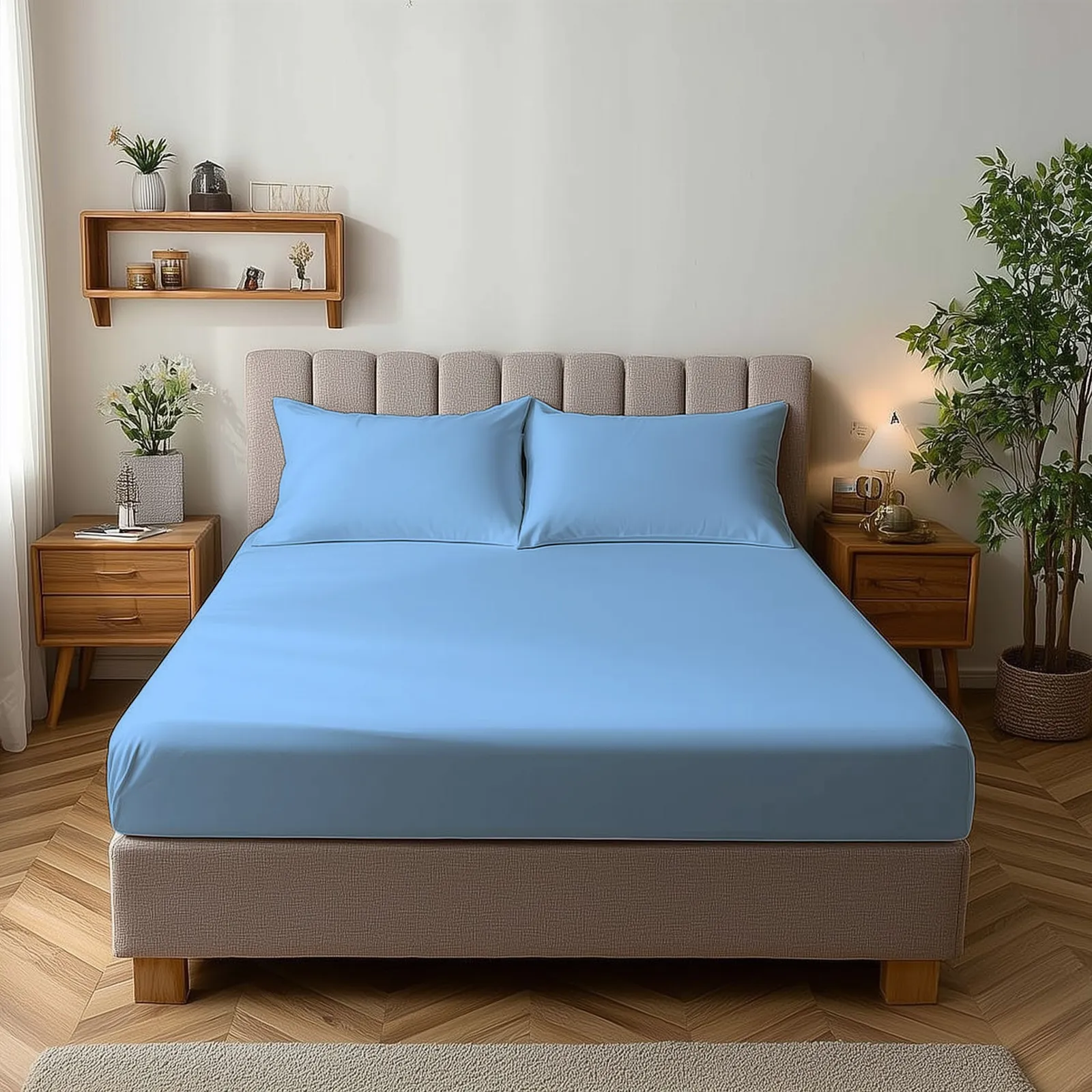 Snug City Microfibre Soft Touch Fitted Sheet 25cm Skirt Plain Dyed Bed Linen in Light Blue