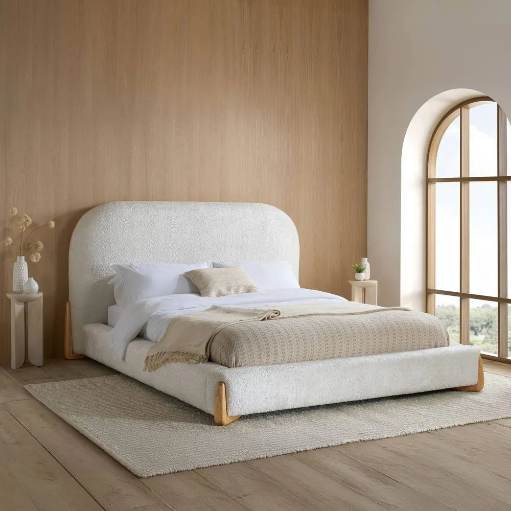 Birlea Amalfi King Size Bed Frame White Boucle Fabric with wood detail