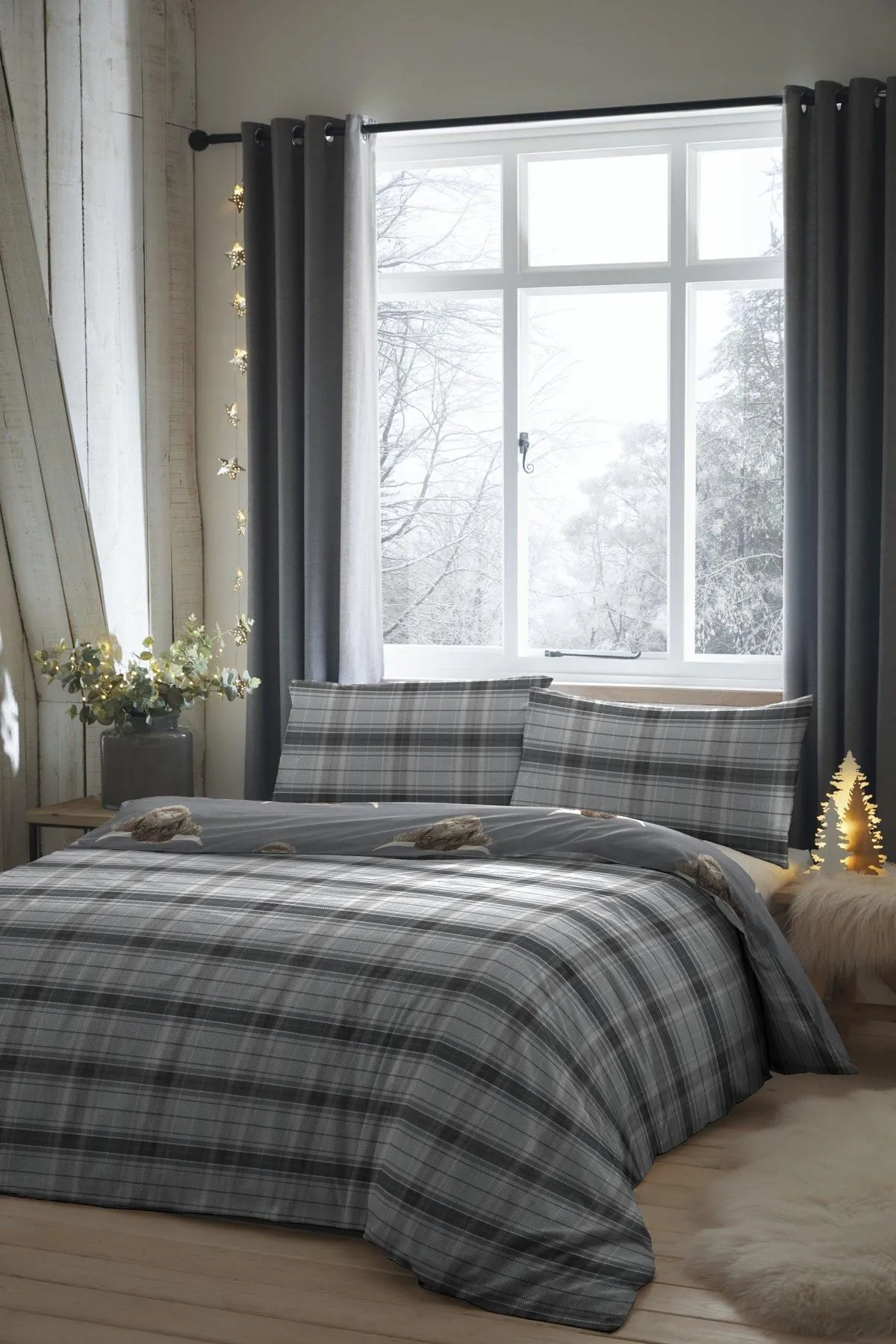 Fusion 'Highland Cow' Print With Tartan Reverse Duvet Cover Set in Grey 3