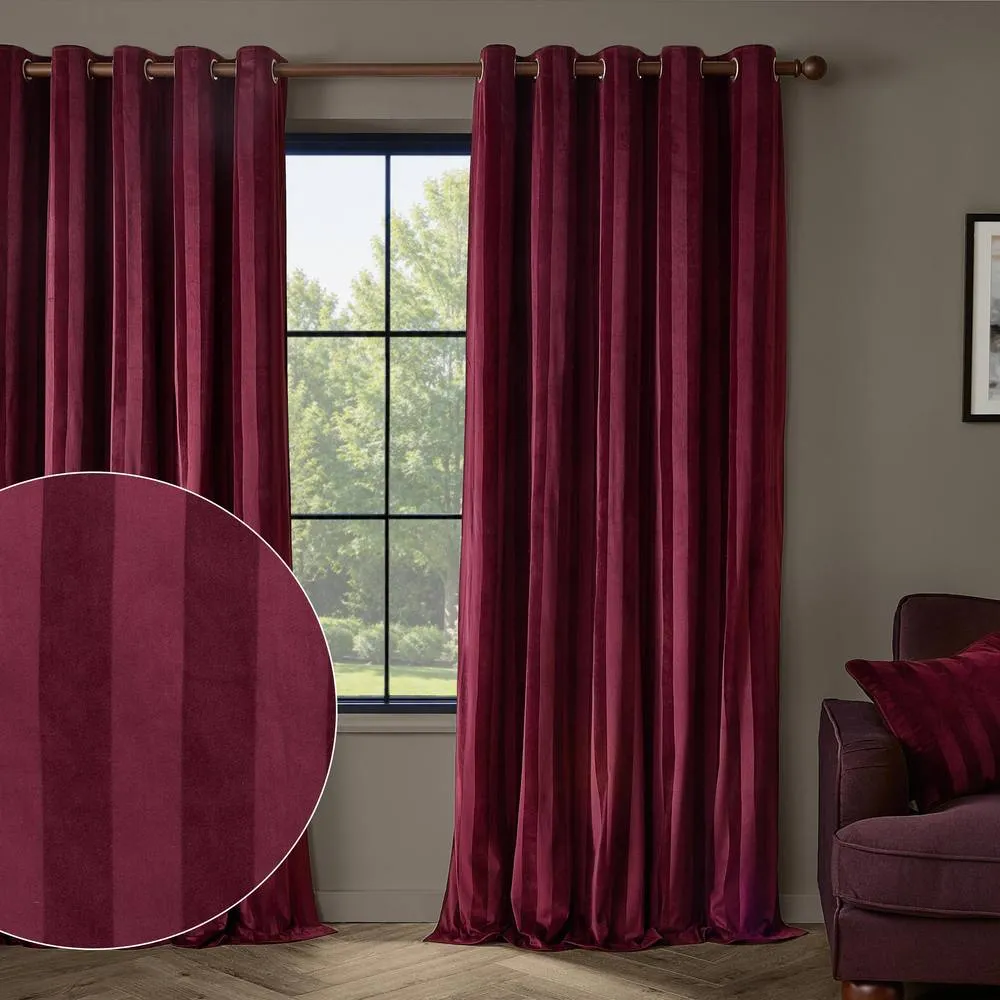 Paoletti Regency Stripe Velvet Fully Lined Eyelet Curtain Pair in Burgundy 1