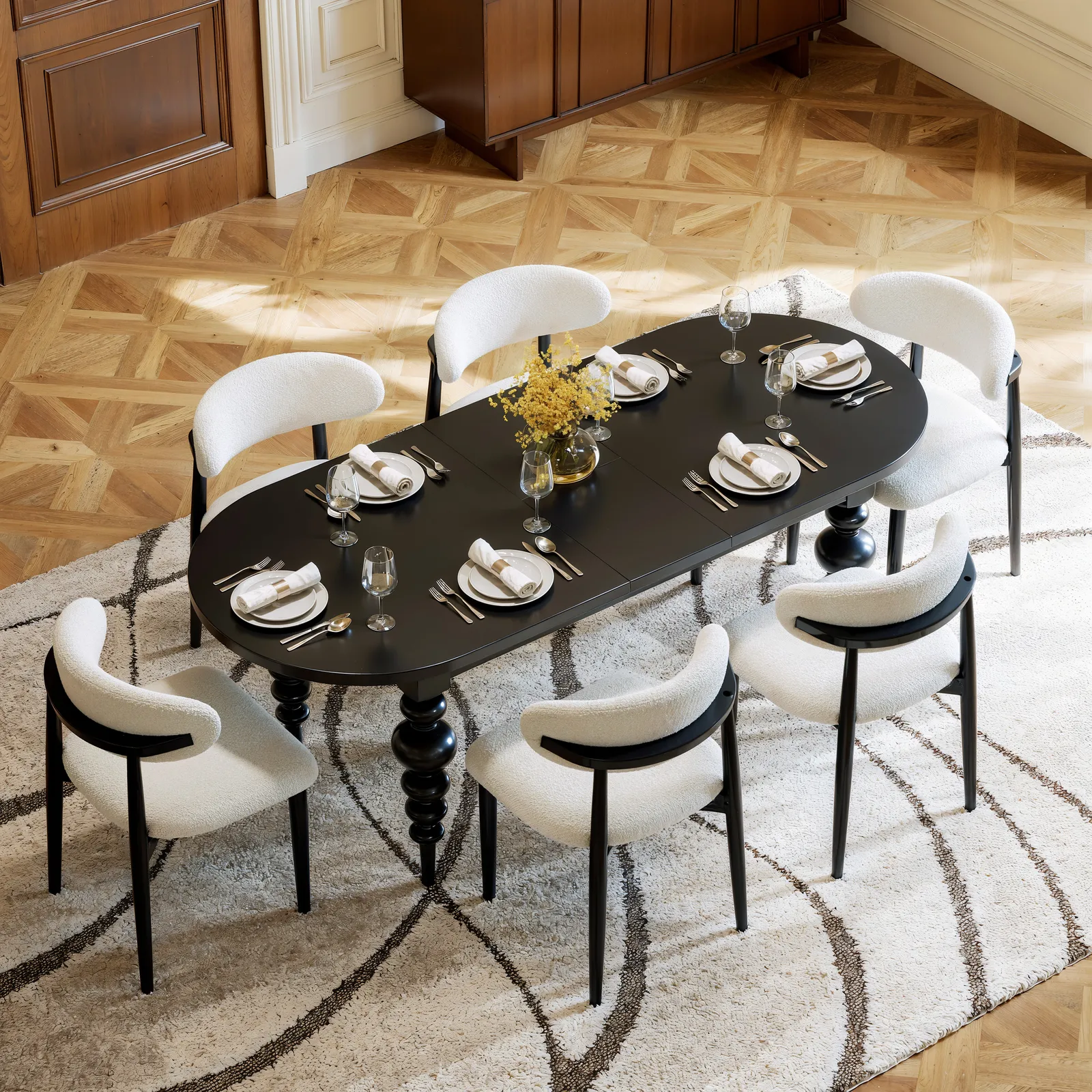 Dining Set 170-200 cm Extendable Dining Table Black with 6 Chairs