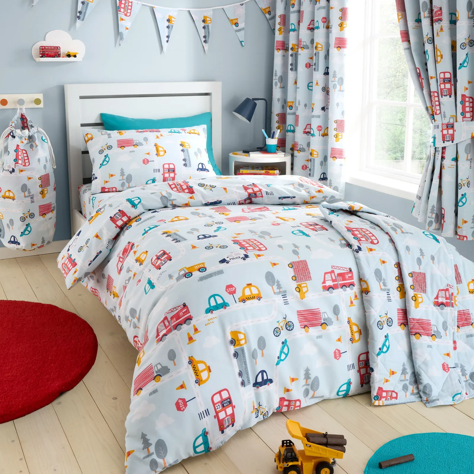 Happy Linen Company Road Trip Transport Cars Duvet Cover Quilt Bedding Set in Blue