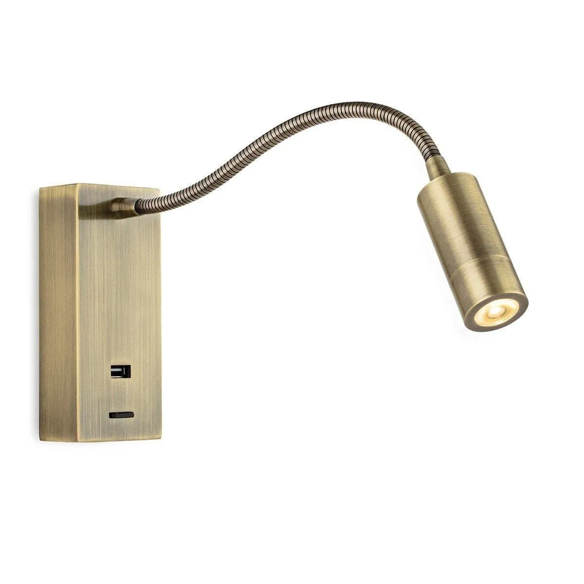 Netlighting Clifton LED Flexi Wall Reading Light & USB Antique Brass in Gold