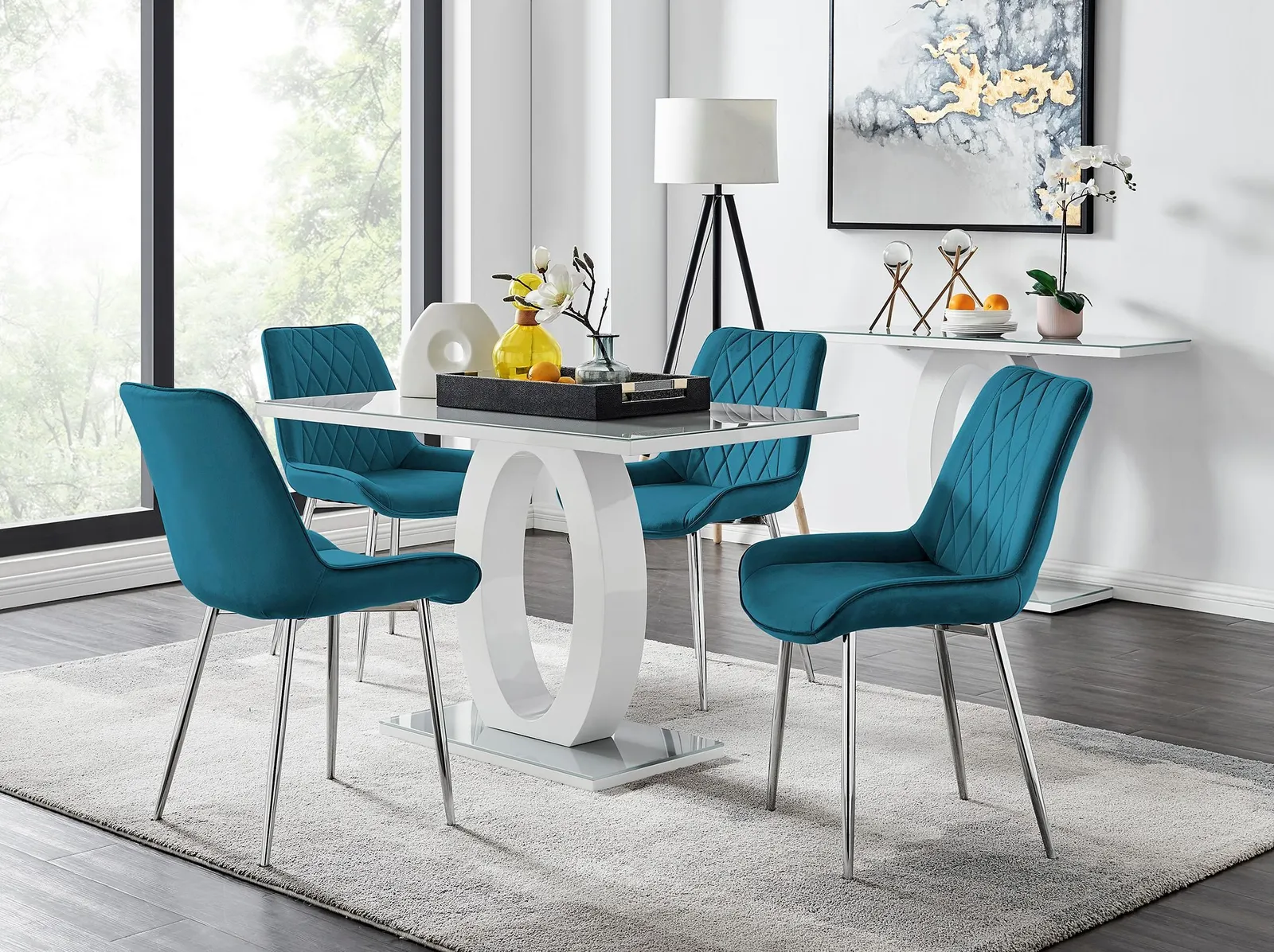 FurnitureboxUK Giovani 4 Grey Dining Table & 4 Pesaro Silver Leg Chairs in Blue 1