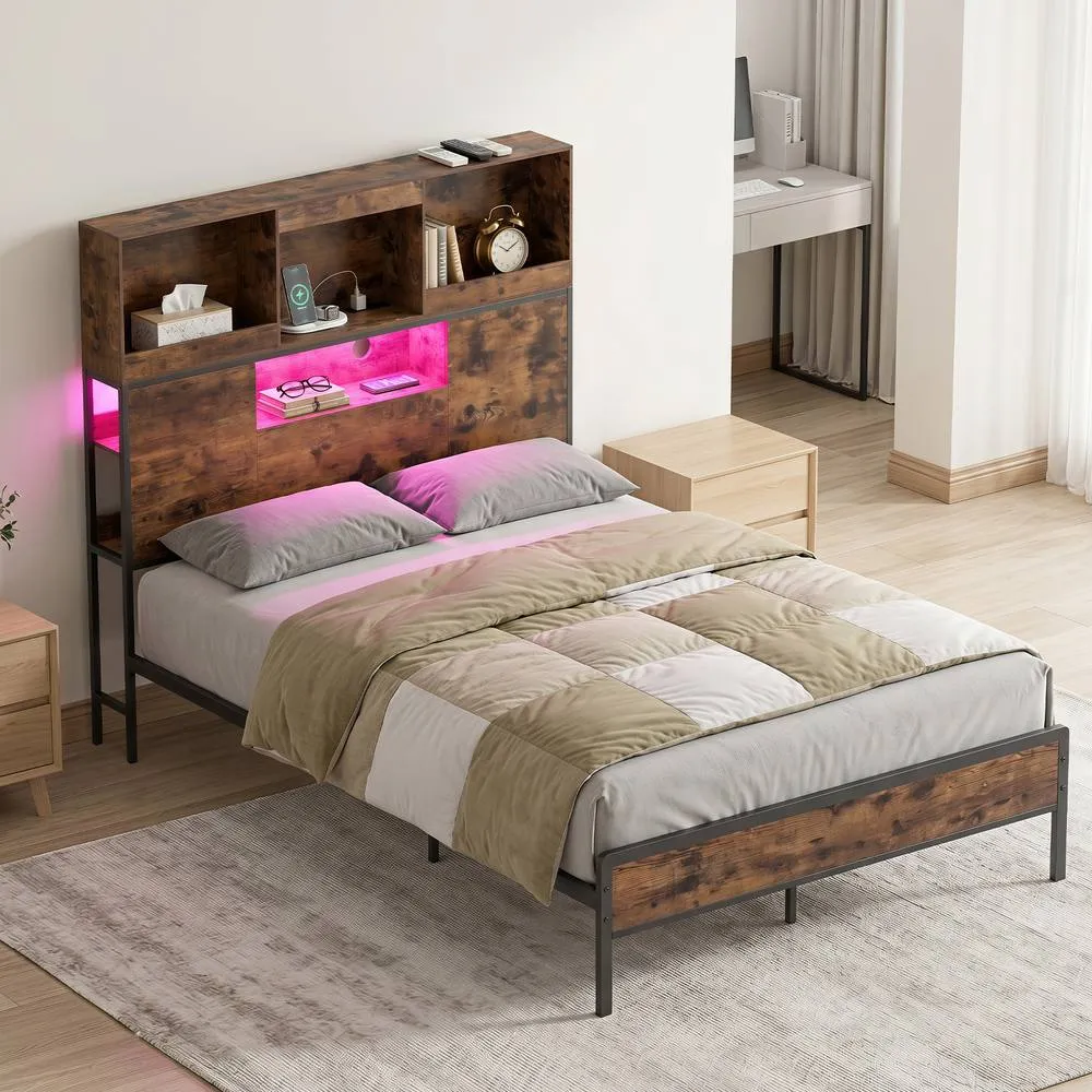 Costway King Size Bed Frame with LED Lights & Power Outlet Industrial Metal Platform Bed in Brown 3