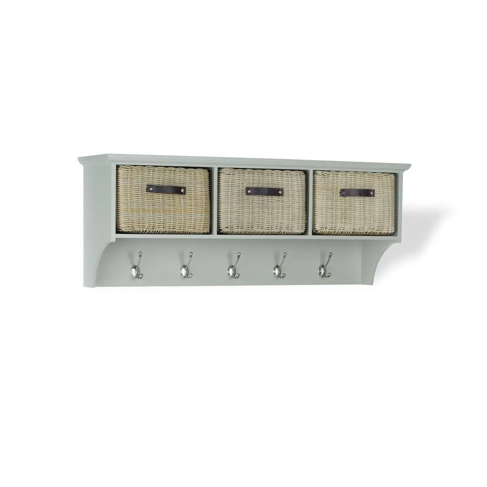 Statement Furniture Tetbury Large Coat Rack Hanging Shelf with 3 Brown Storage Baskets in Light Green 3