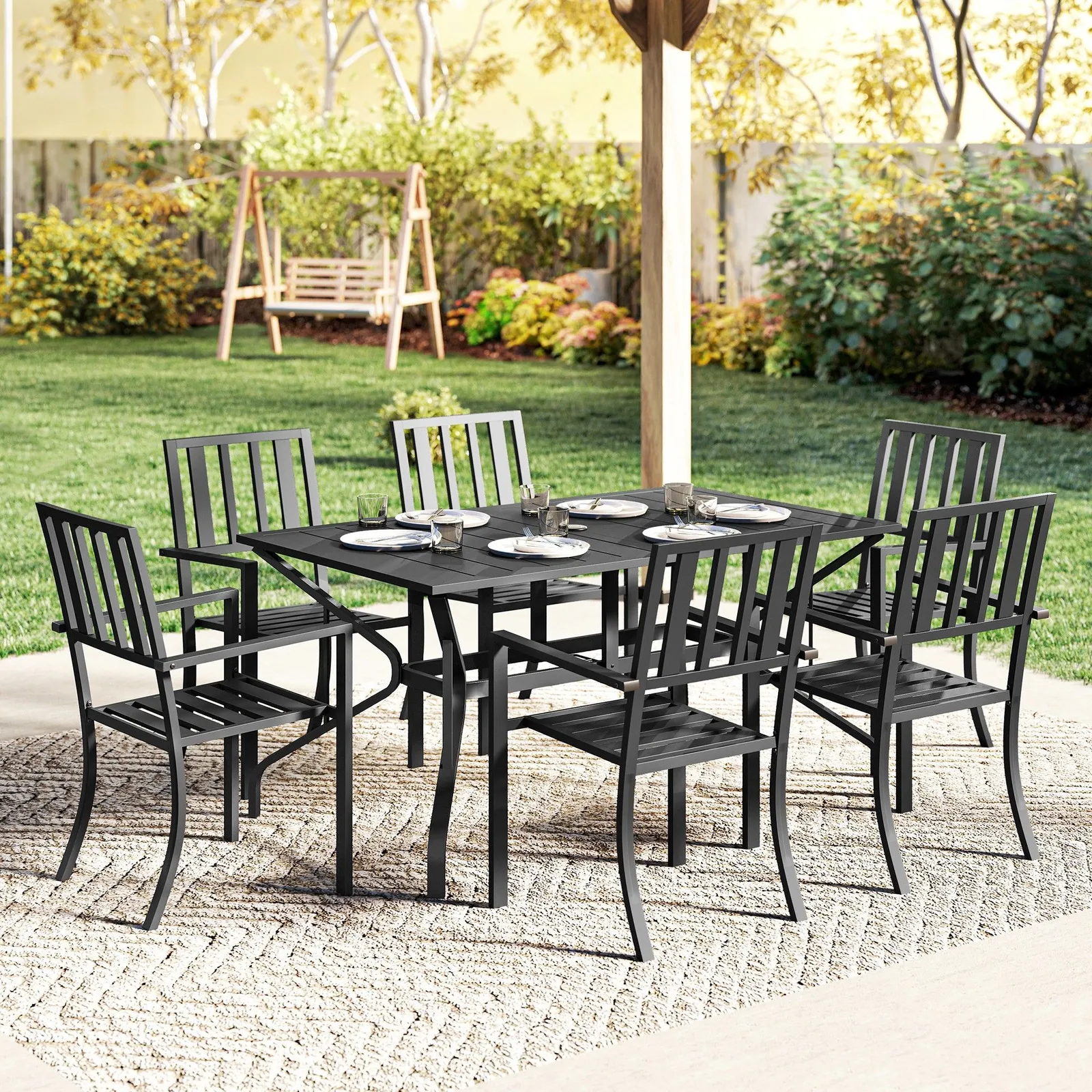 OUTSUNNY 7 Pieces Patio Dining Set with Umbrella Hole for Garden in Black