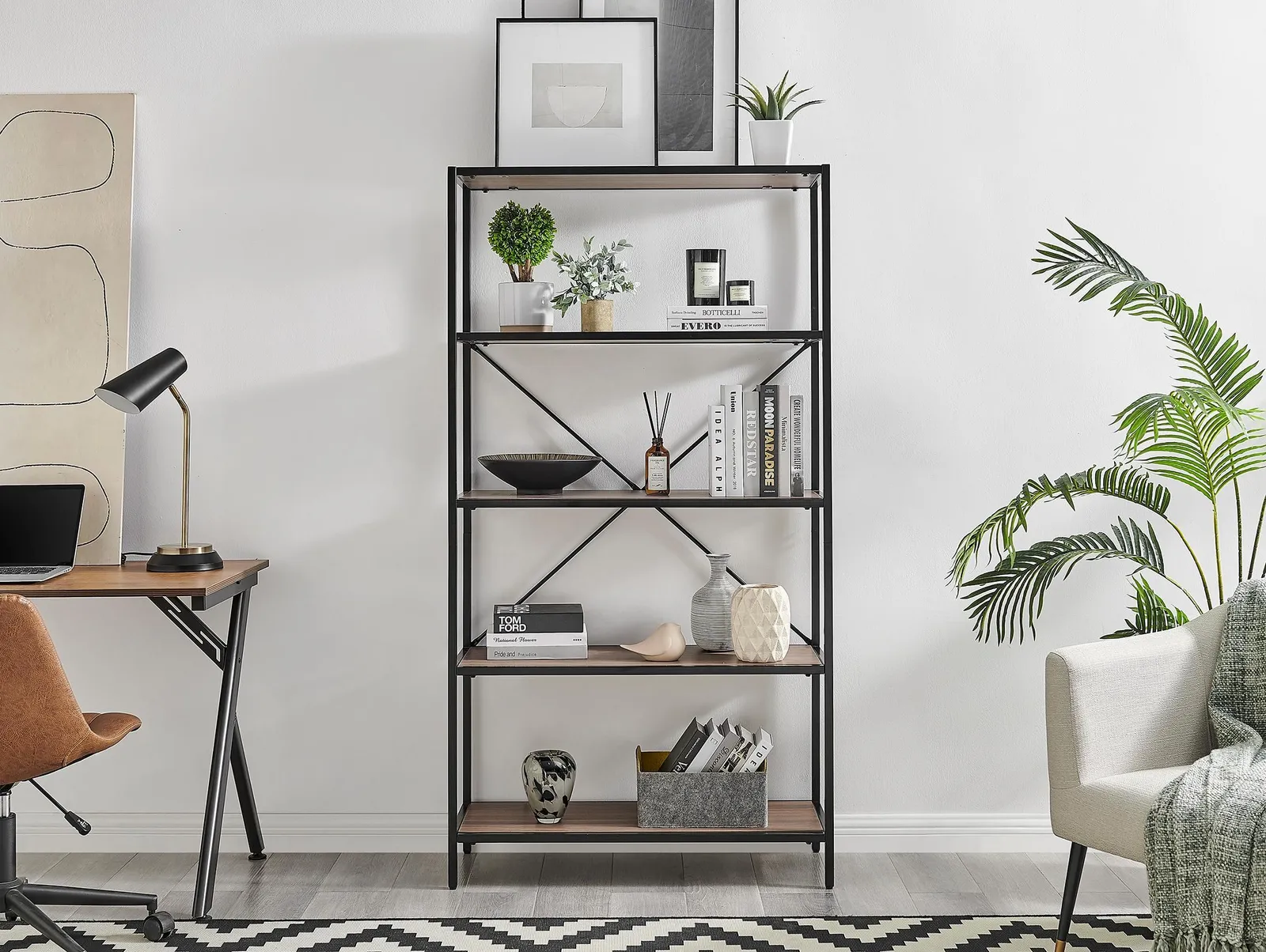FurnitureboxUK Ashton Industrial Black Metal Box Shelf Unit With 5 Scratch Resistant Melamine Coated Shelves Supporting 10KG Each in Brown 2