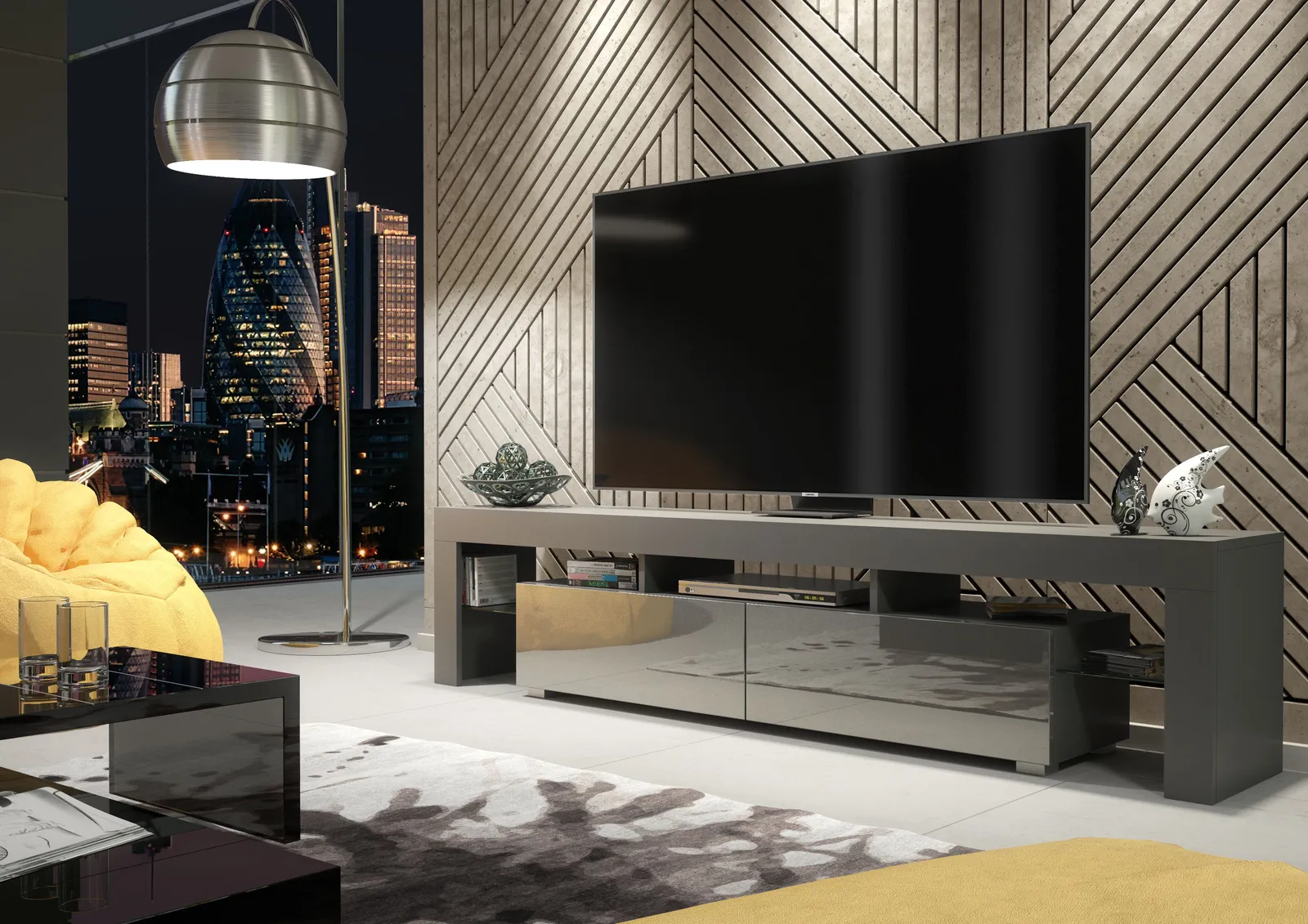 Creative Furniture TV Unit 200cm Modern - Dark Grey with High Gloss Doors 2