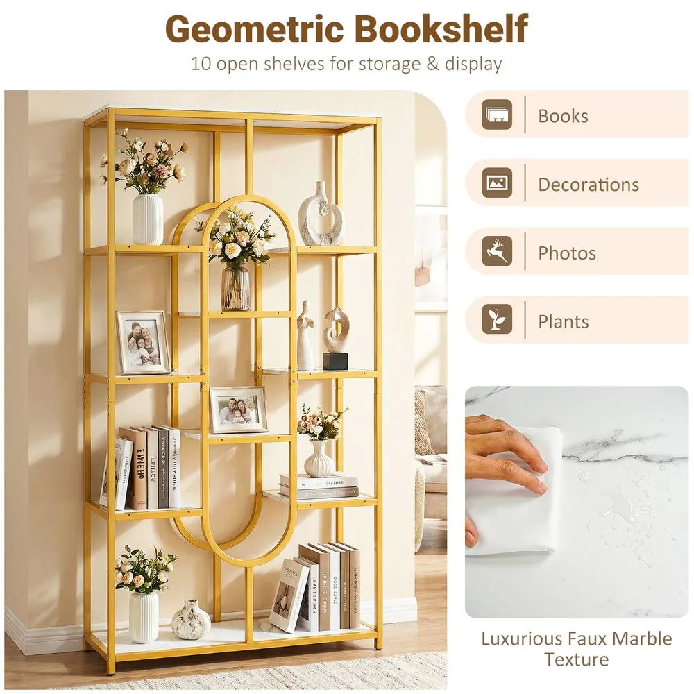 Costway 10-Tier Geometric Bookshelf 175CM Open Bookcase w/ Faux Marble Shelves in White 6